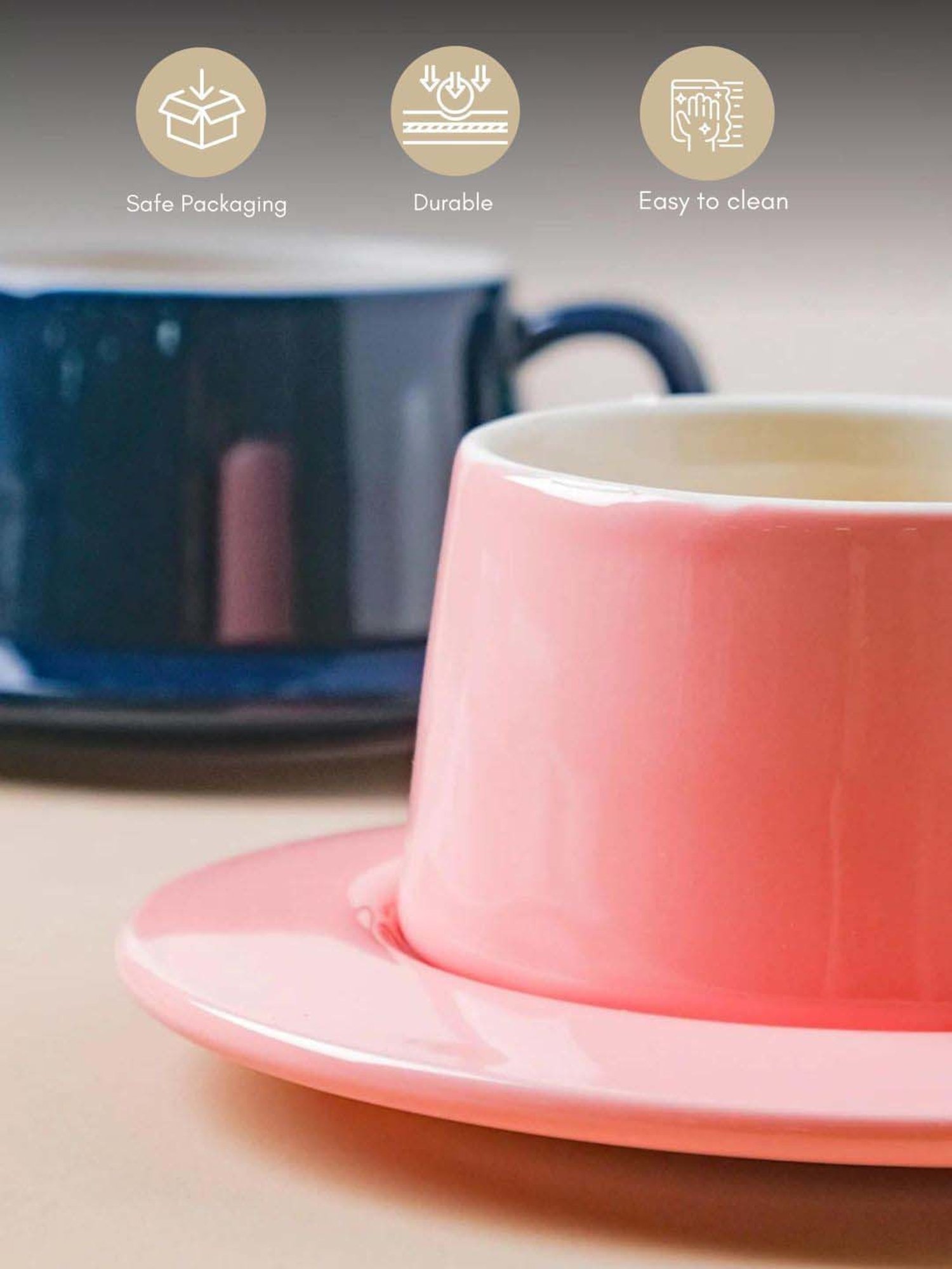 Nestasia Premium Quality Glossy Pink Cup With Round Handle & Saucer Set For Serving Hot Drinks