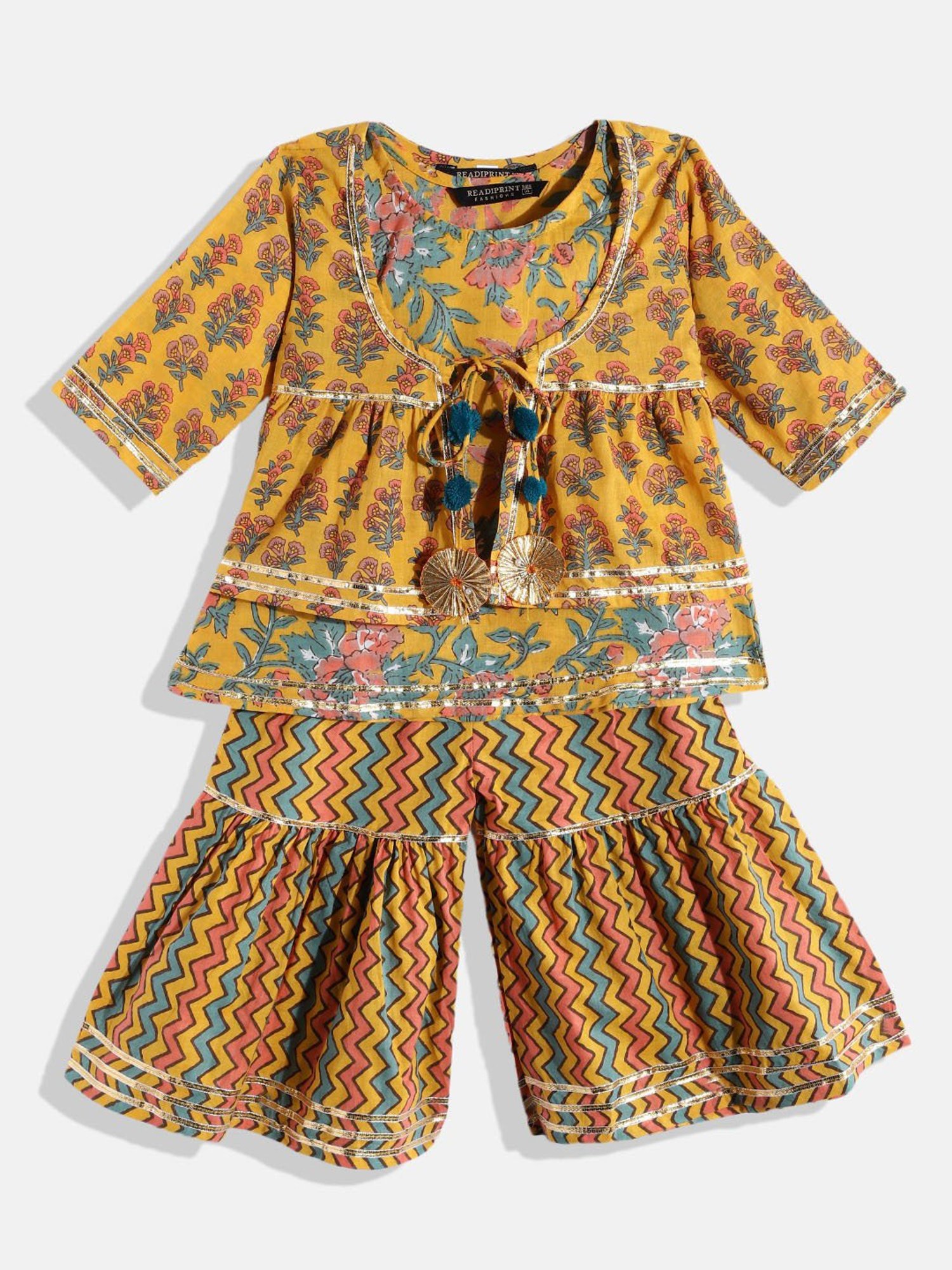 READIPRINT FASHIONS Kids Mustard Floral Print Kurta With Sharara