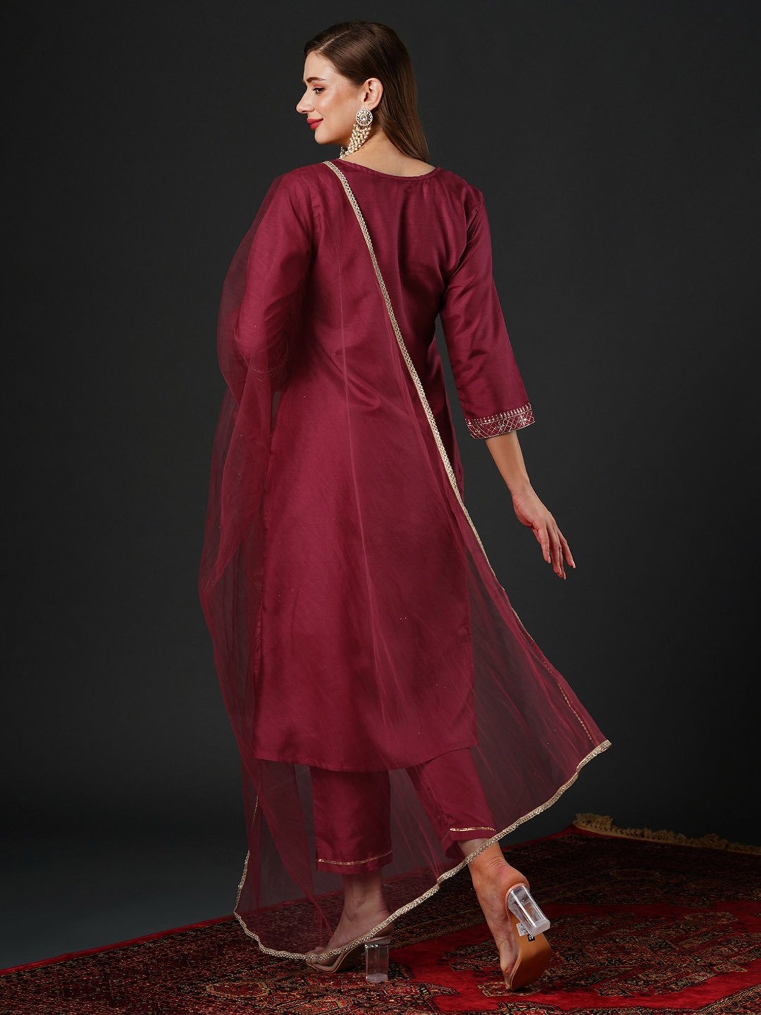 Indo Era Wine Embroidered Kurta With Pant & Dupatta