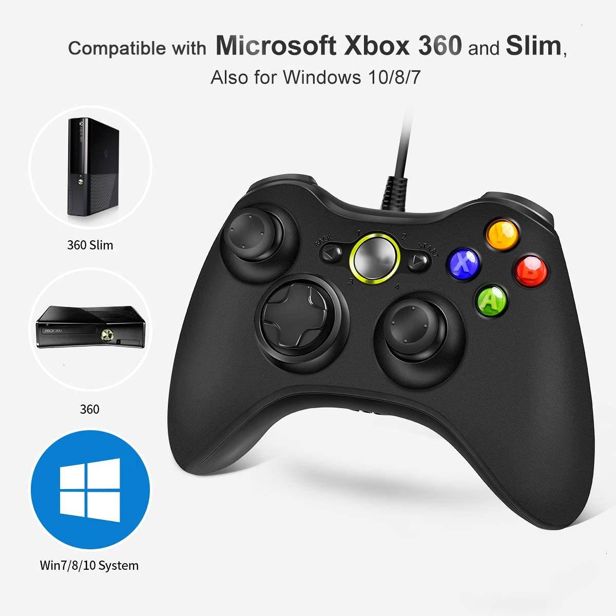 Controller Replacement for Xbox 360 Controller, Wired Controller with Upgraded Joystick Compatible with Microsoft Xbox 360 & Slim/PC Windows 10/8/7