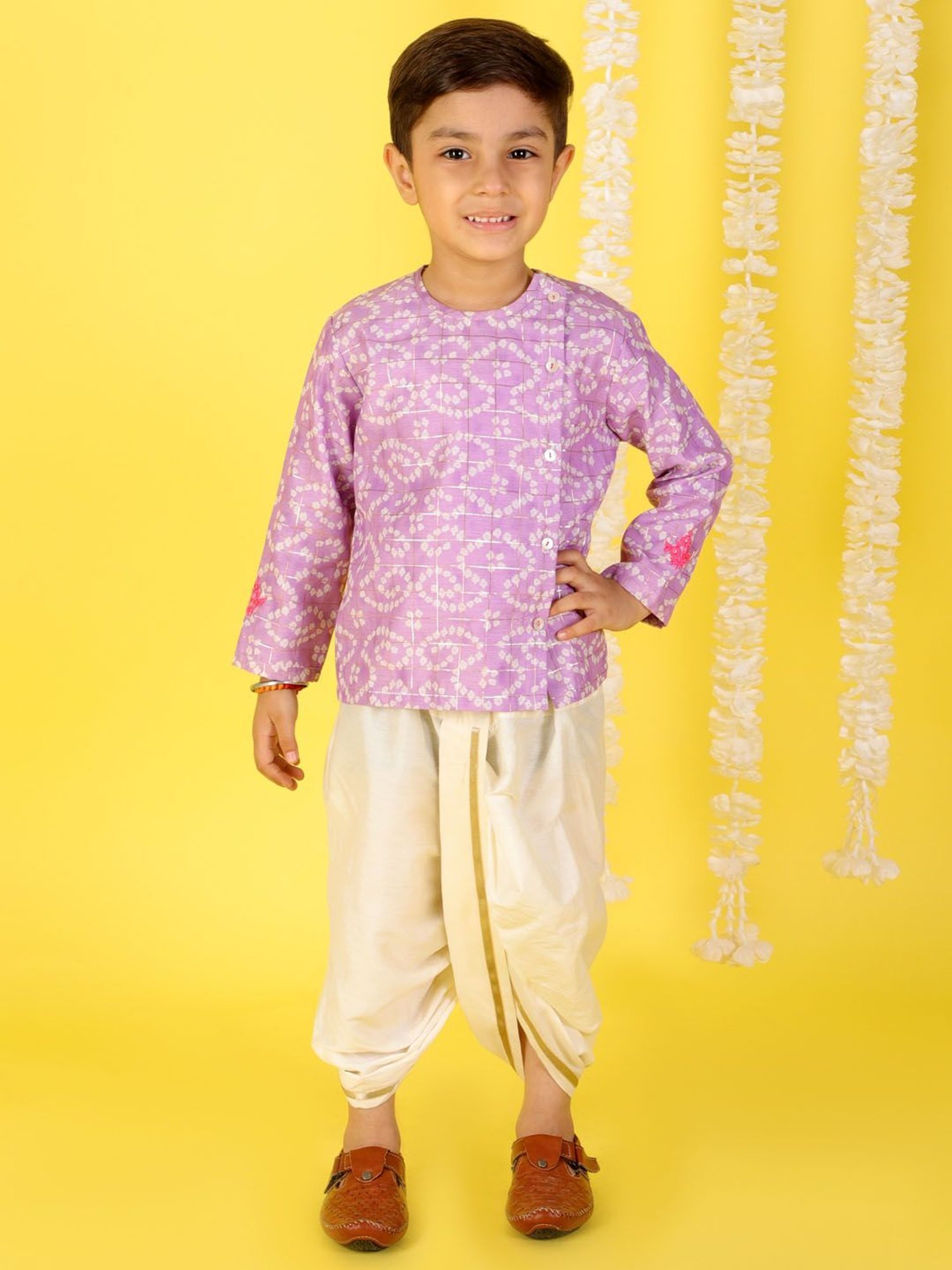 Lil Drama Kids Purple with White Printed Full Sleeves Kurta with Dhoti