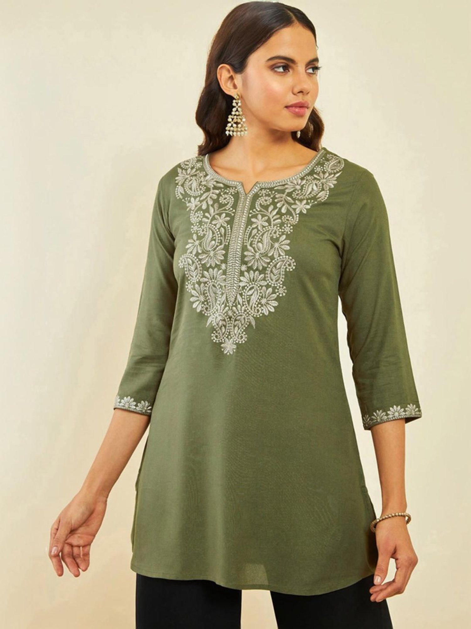 Soch Olive Rayon Paisley Embroidered A-Line Tunic with Vented Hemline