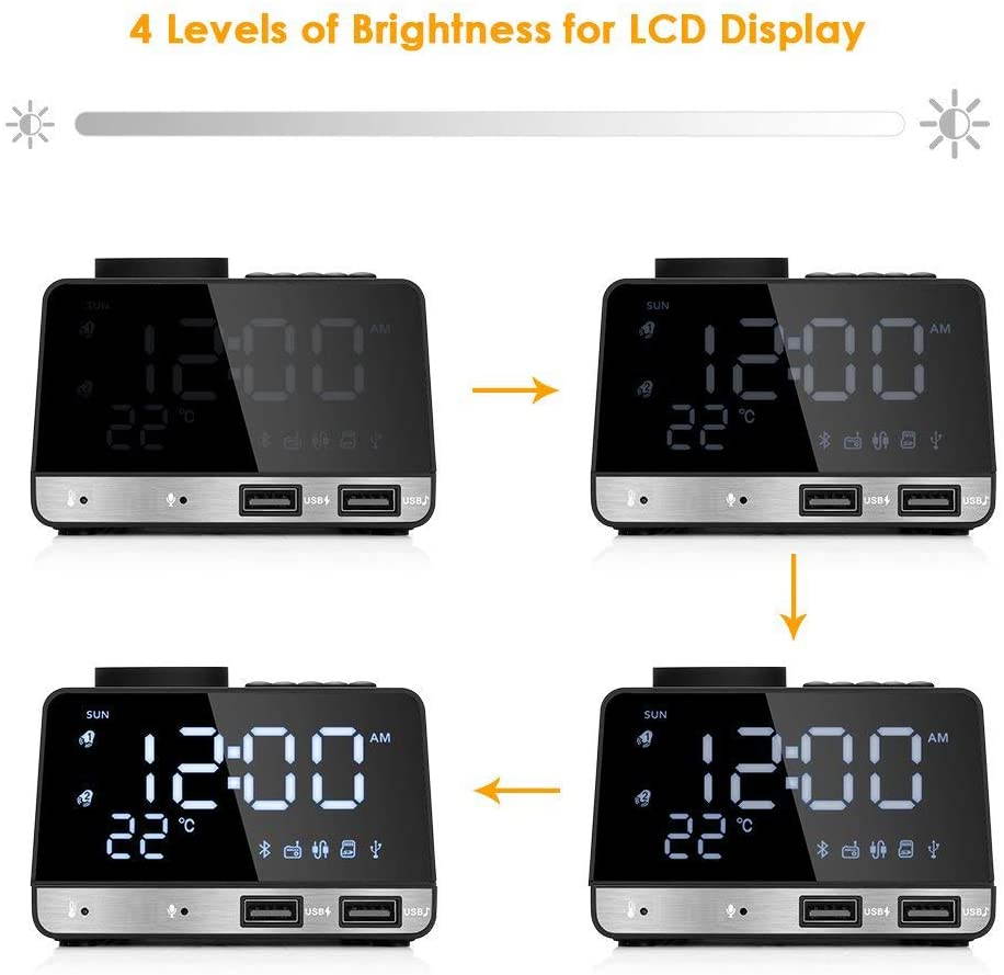 4.2 Inch Alarm Clock Radio, Bluetooth Speaker with Dual Snooze Clock USB Charging Port, AUX TF Card Play, Thermometer, Large Mirror LED Dimmable Display for Bedroom, Kitchen, Hotel, Table, Desk