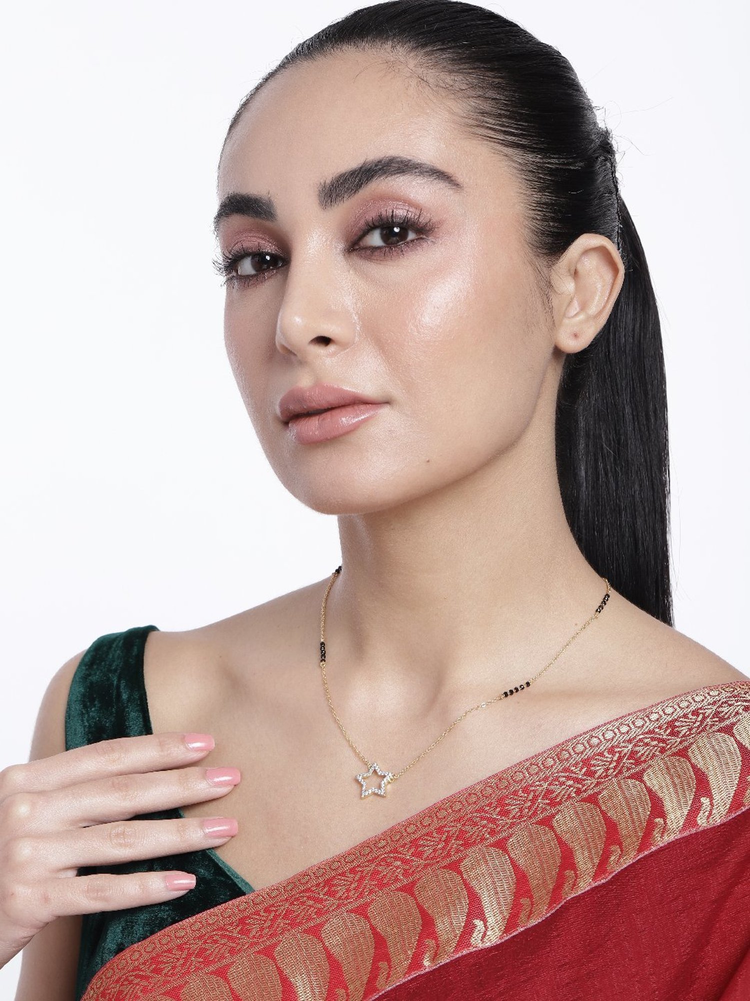 Abdesigns Gold-Plated American Diamond & Black Beaded Mangalsutra