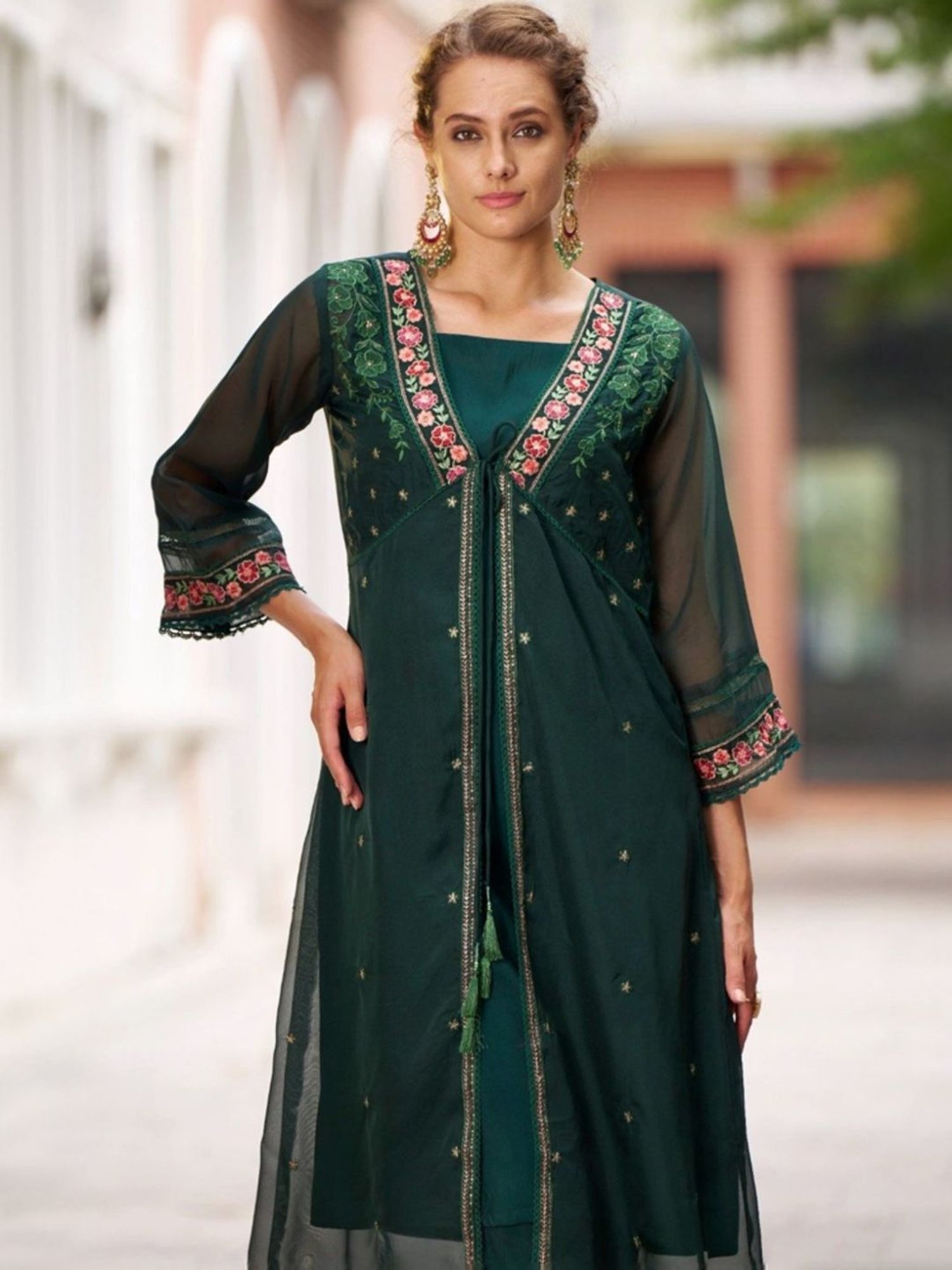 Autumnlane Green Sireesha Forest Embroidery Designer Organza Jacket Set