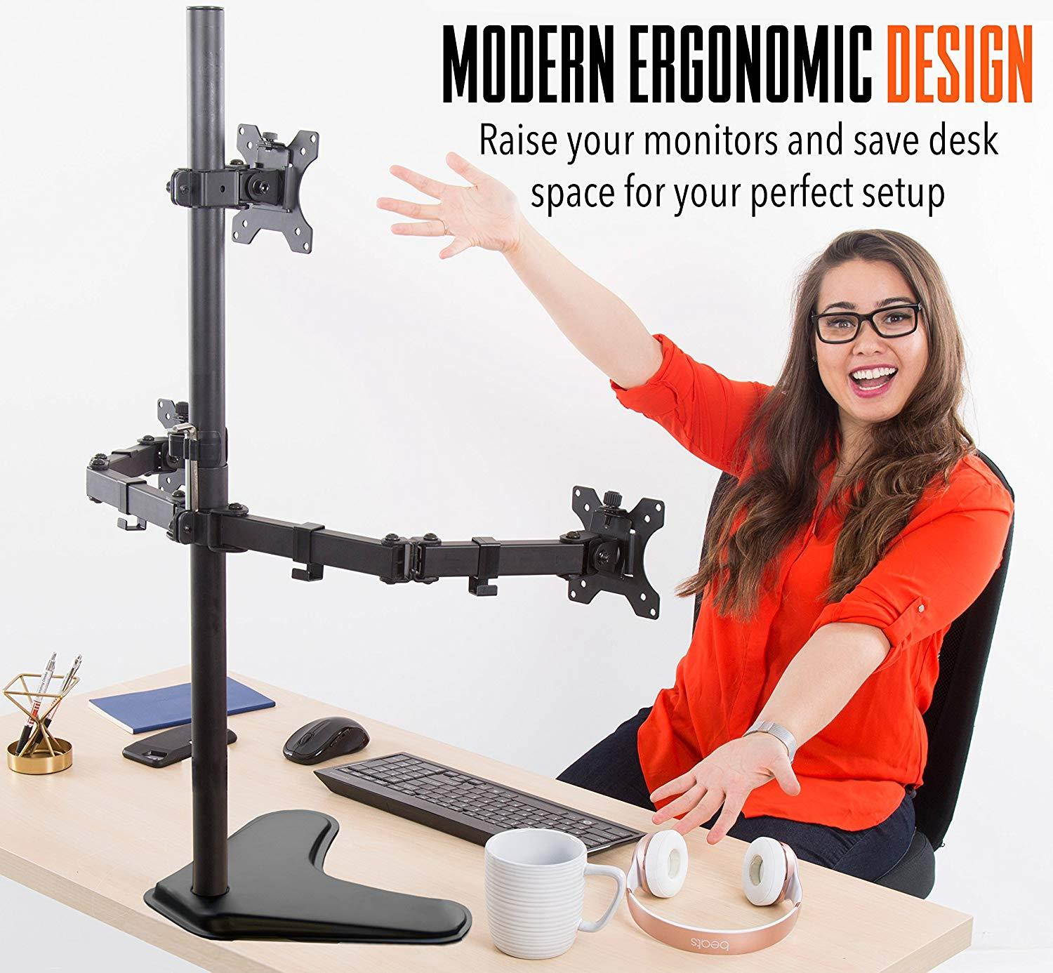 stand steady freestanding 3 monitor desk mount stand | height adjustable triple monitor stand with full articulation | vesa mount fits most lcd/led monitors 1332 inches 3 arm free standing