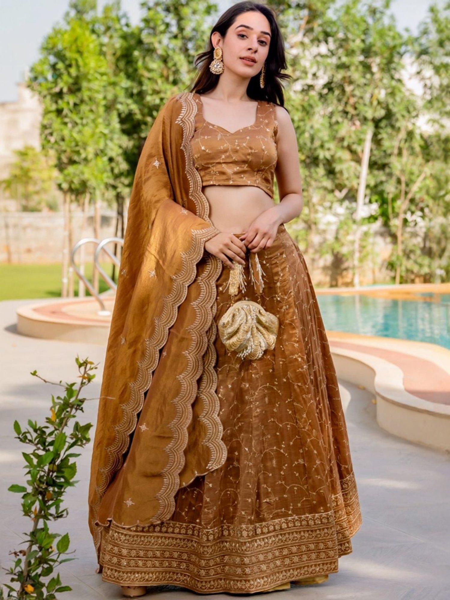 HOUSE OF JAMOTI Brown Embroidered Lehenga Choli Set With Dupatta