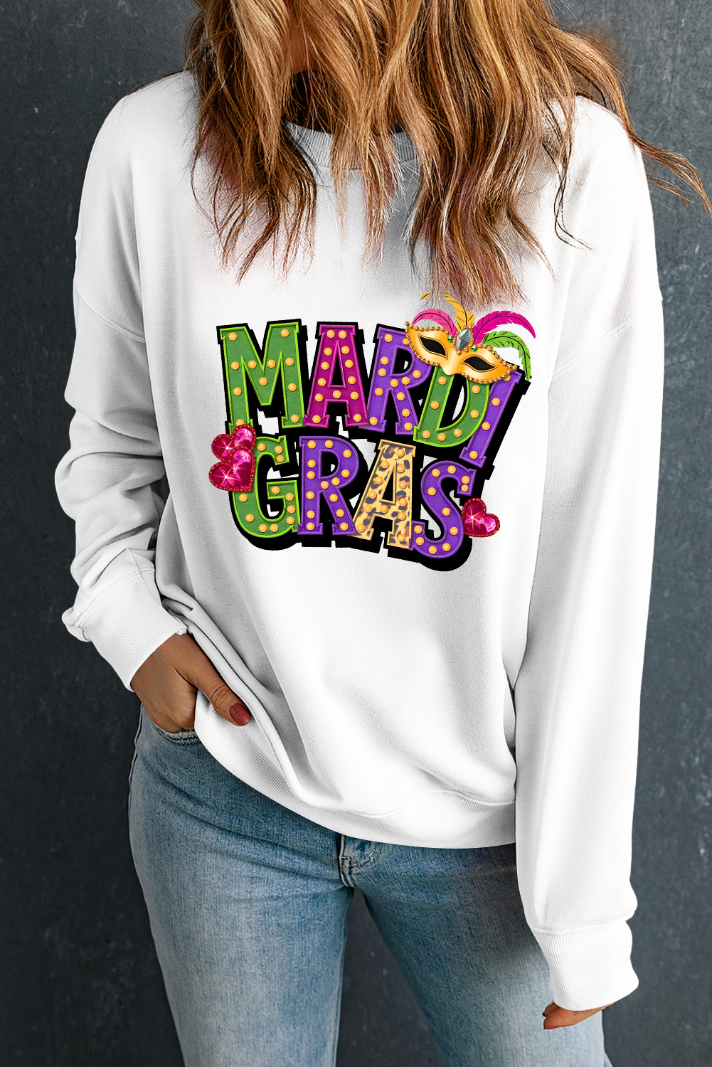 Gray Xmas Candy Cane Sequins Graphic Corded Sweatshirt