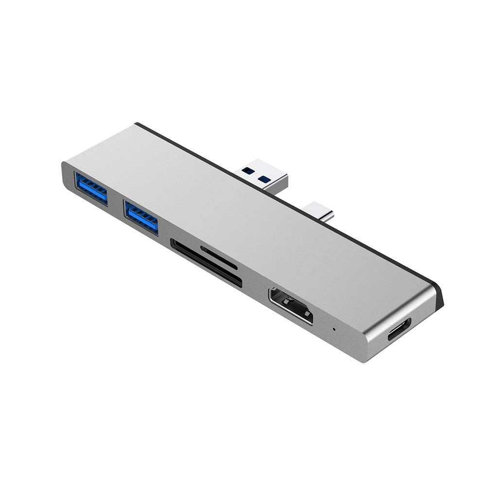 6 in1 USB 3.0 Type-C HUB to USB 3.0x2+SD+Micro SD+HD+Type-C Converter Adapter Card Reader Replacement for Surface Pro 7 Silver