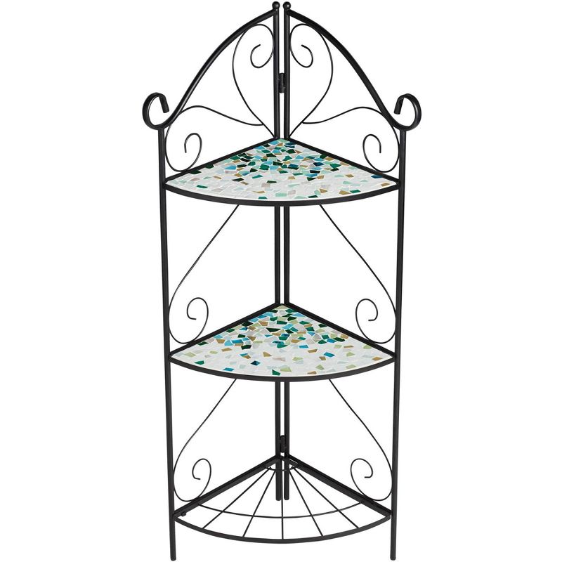 Teal Island Designs Aqua Mosaic 47" High Black Iron Three Shelf Plant Stand