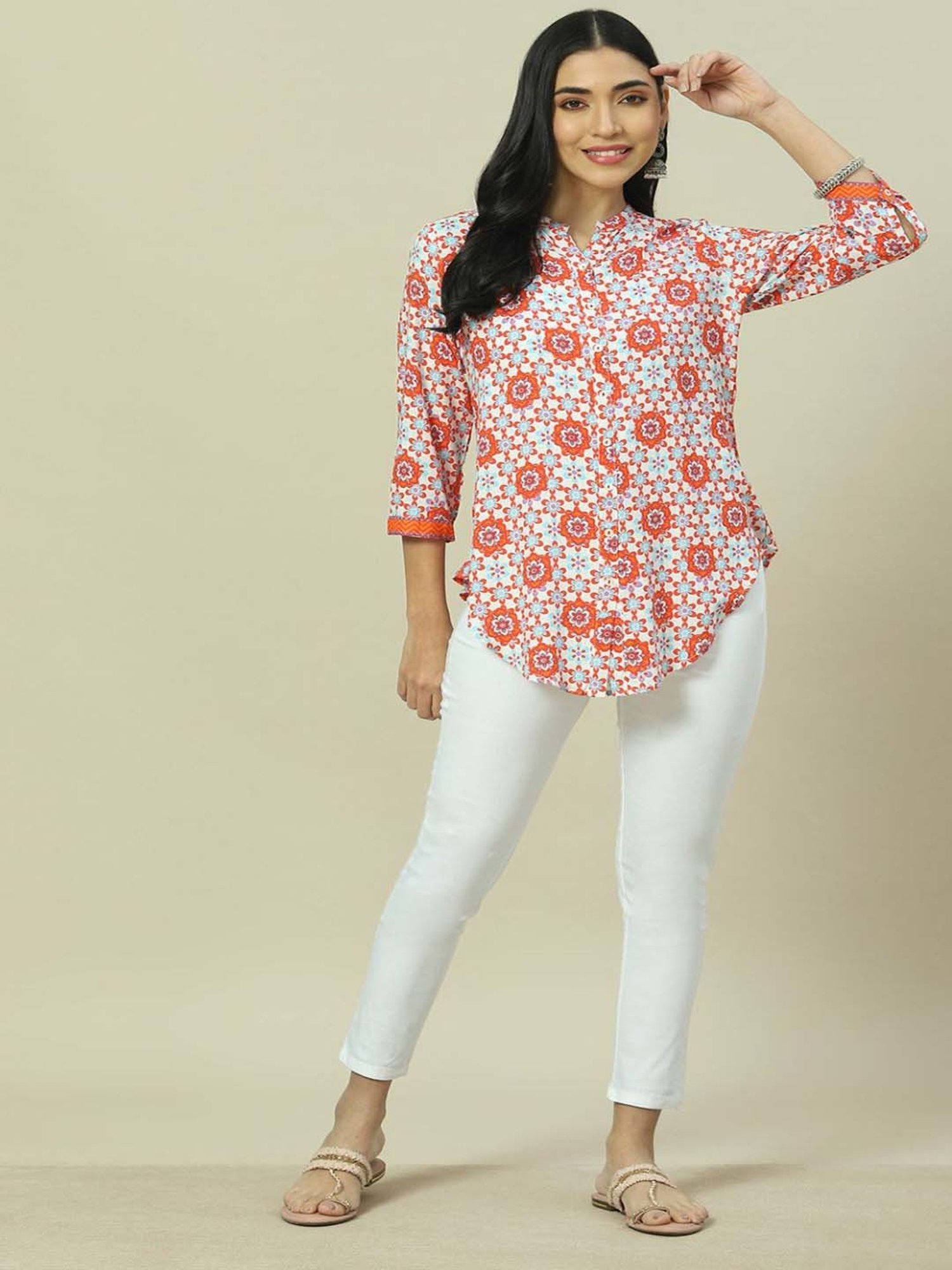 Rangriti White & Pink Printed Top