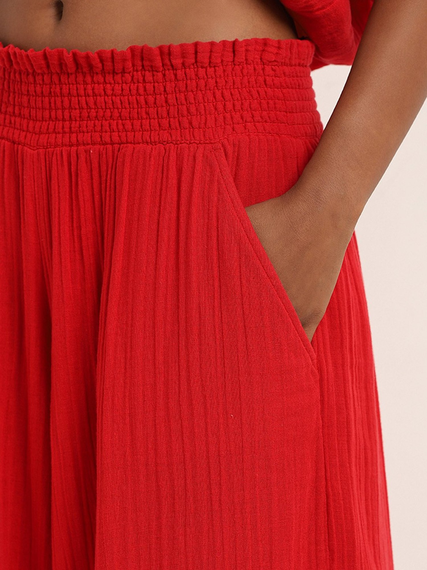 Superstar by Westside Red Crinkle Textured High-Rise Cotton Pants