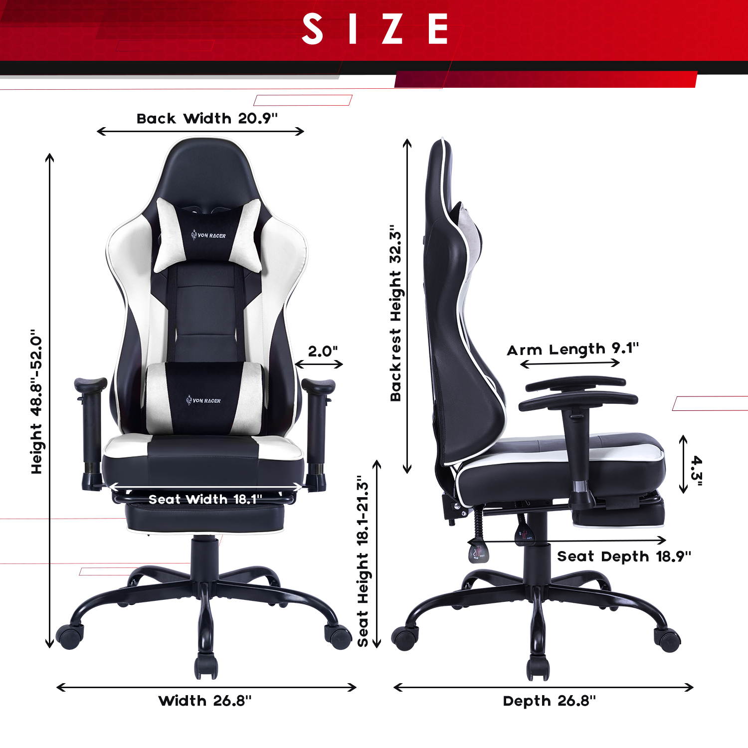 VON RACER Massage Gaming Chair - High Back Racing PC Computer Desk Office Chair Swivel Ergonomic Executive Leather Chair with Footrest and Adjustable Armrests(Grey)