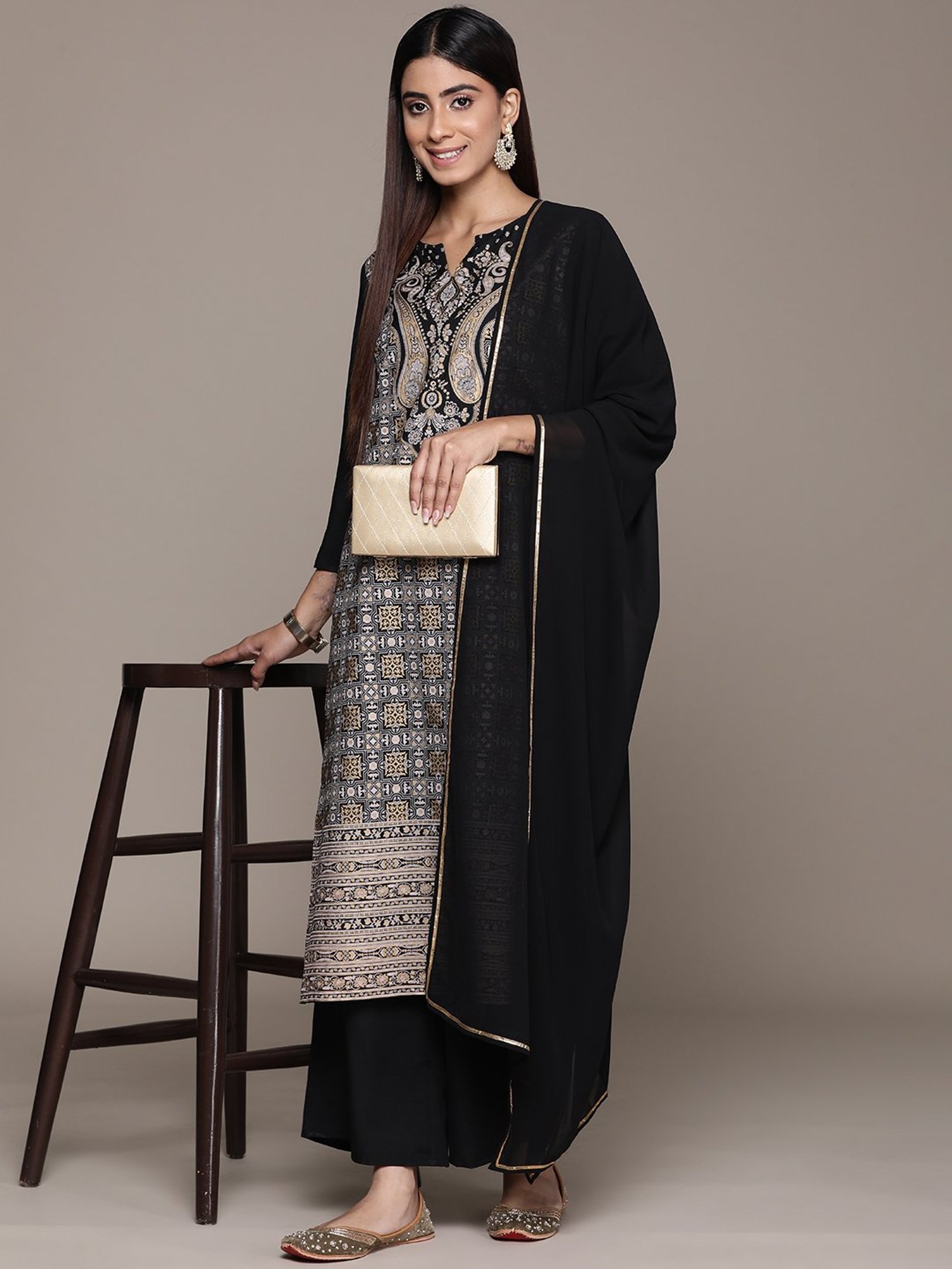 Ziyaa Black Printed Kurta With Palazzo & Dupatta