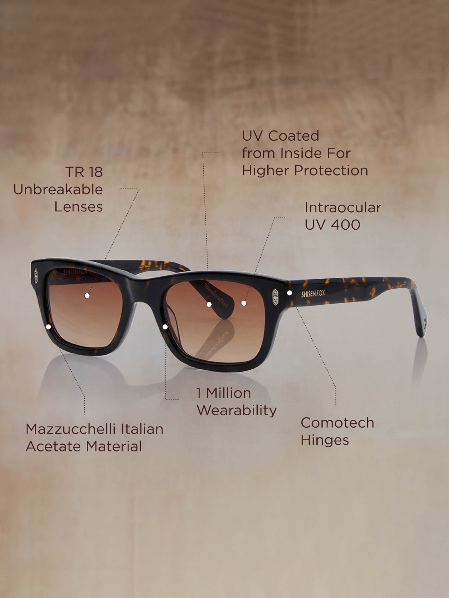 Shisen Fox Gazo Dark Havana Rectangular Unisex UV Protection Sunglasses -52 mm