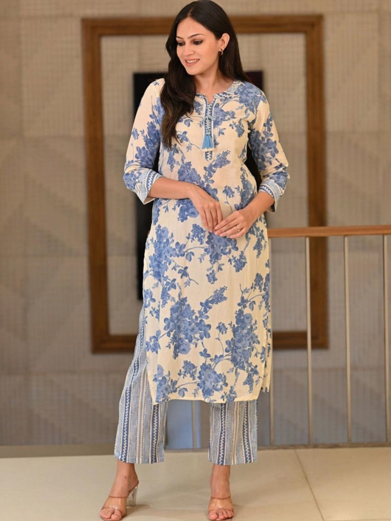 Mahee Jaipur White Base Flamingo Blue  Floral Print Super Soft Cotton Kurta and Pant