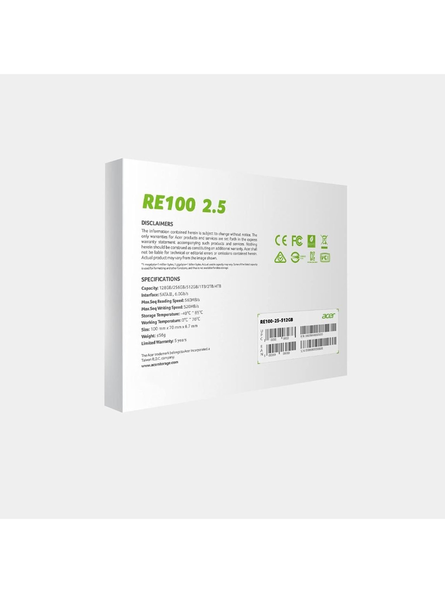 Acer RE100 512GB 3D NAND SATA 2.5 inch Internal SSD-562MB/s R, 529MB/s W Speed (Black)