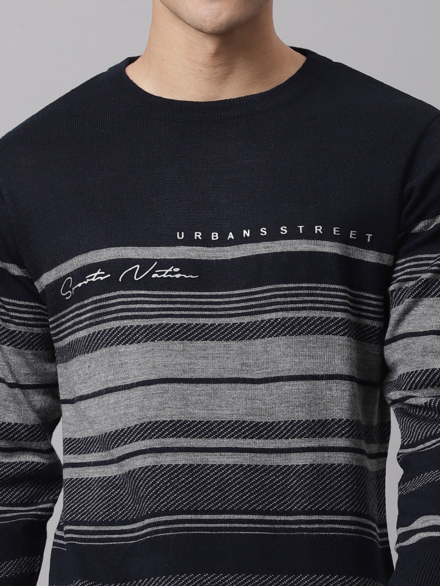 Cantabil Dark Navy Regular Fit Striped Sweater