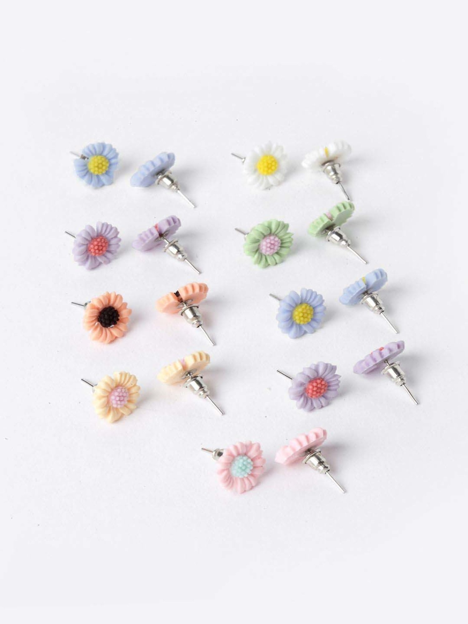 VOGUE Panash Silver-Toned Floral Shaped Stud Earrings - Set of 9