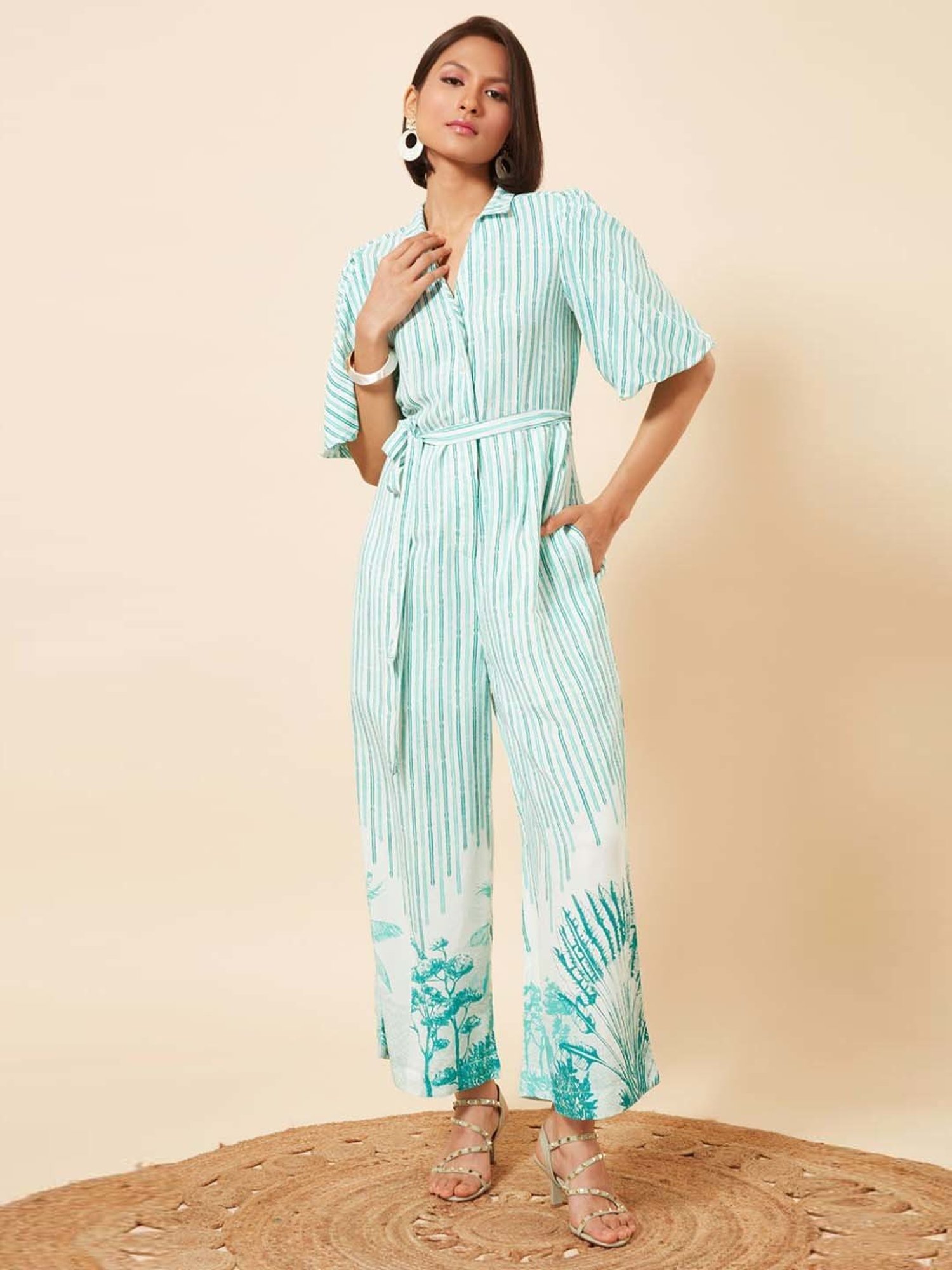 Marigold Lane White & Blue Striped Jumpsuit