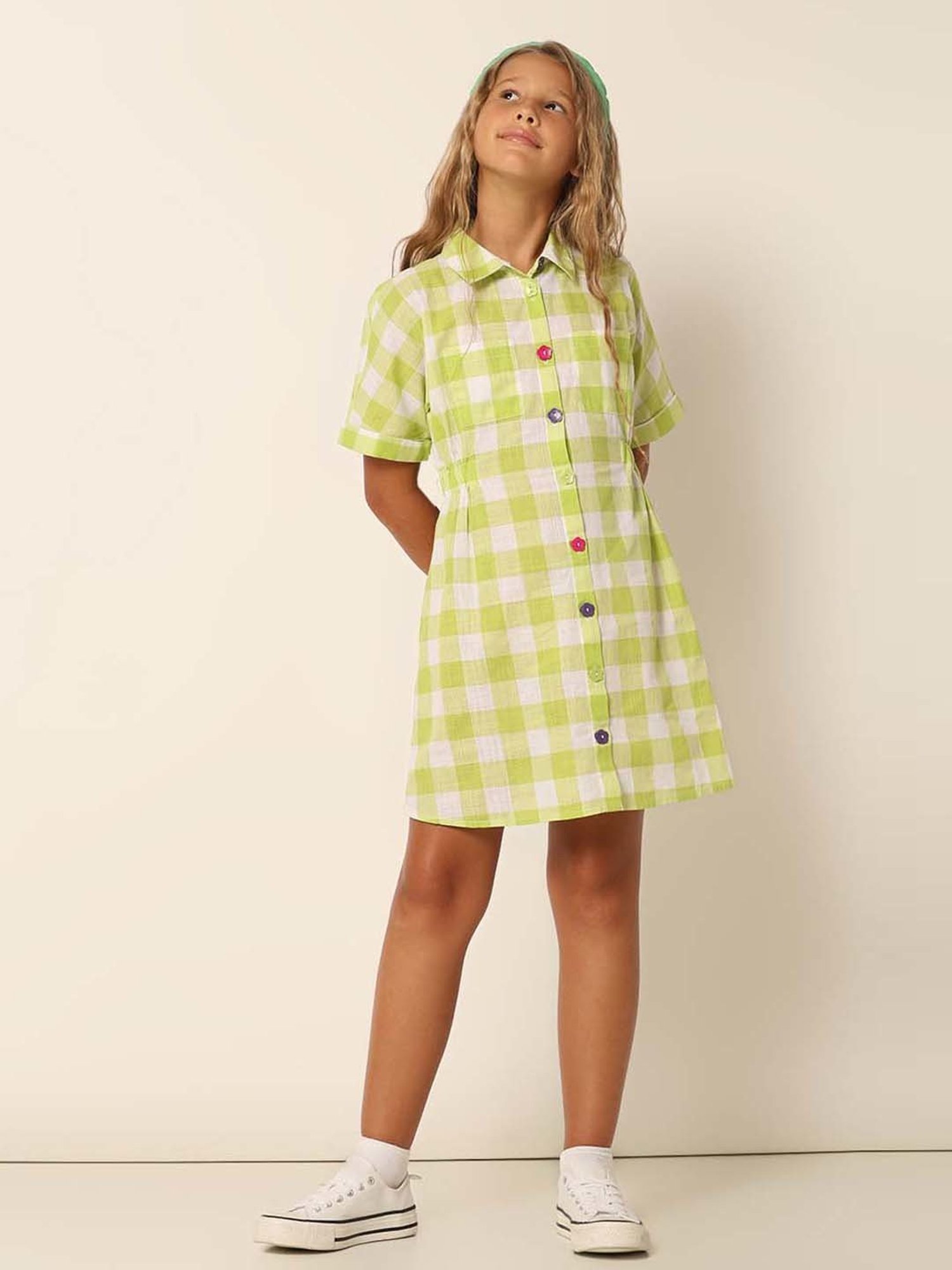 VERO MODA GIRL Green & White Cotton Chequered Dress