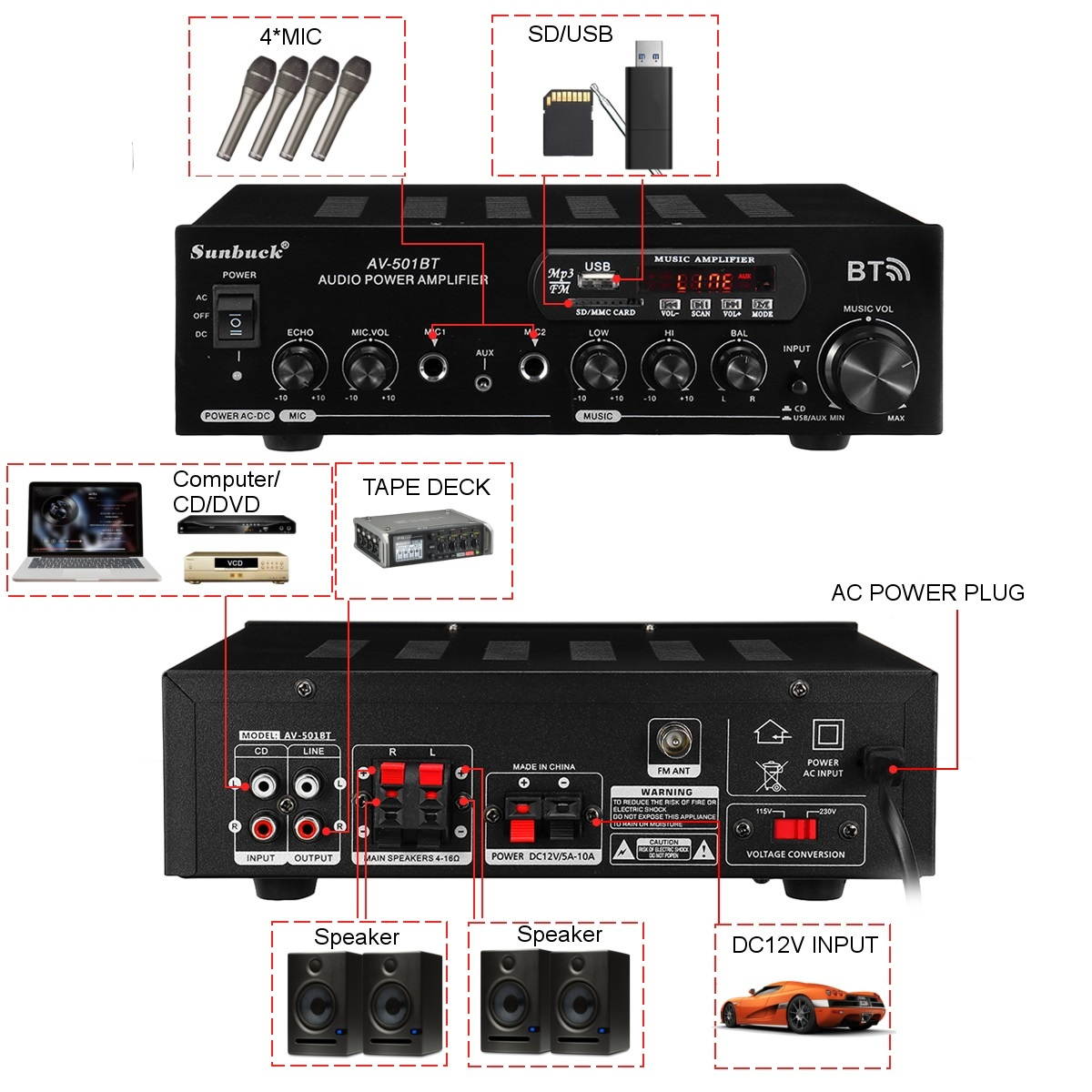 2 Channel bluetooth Home Stereo Amplifier Power Audio USB 2000W 110V