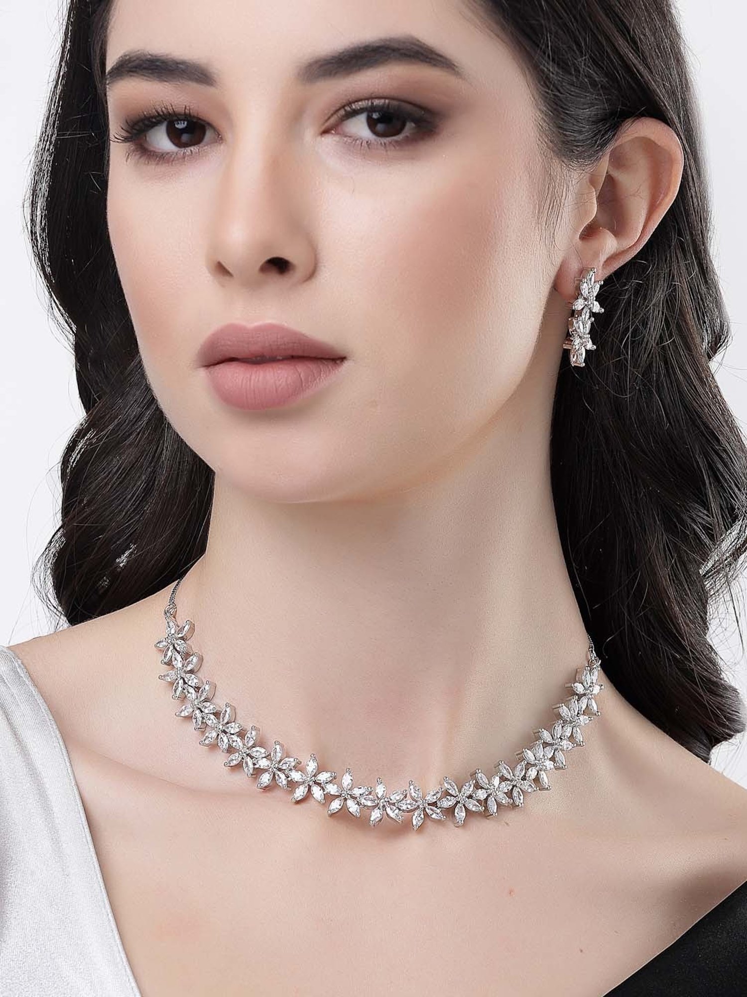 NVR Silver Plated CZ Stone Handcrafted Jewellery Set for Women