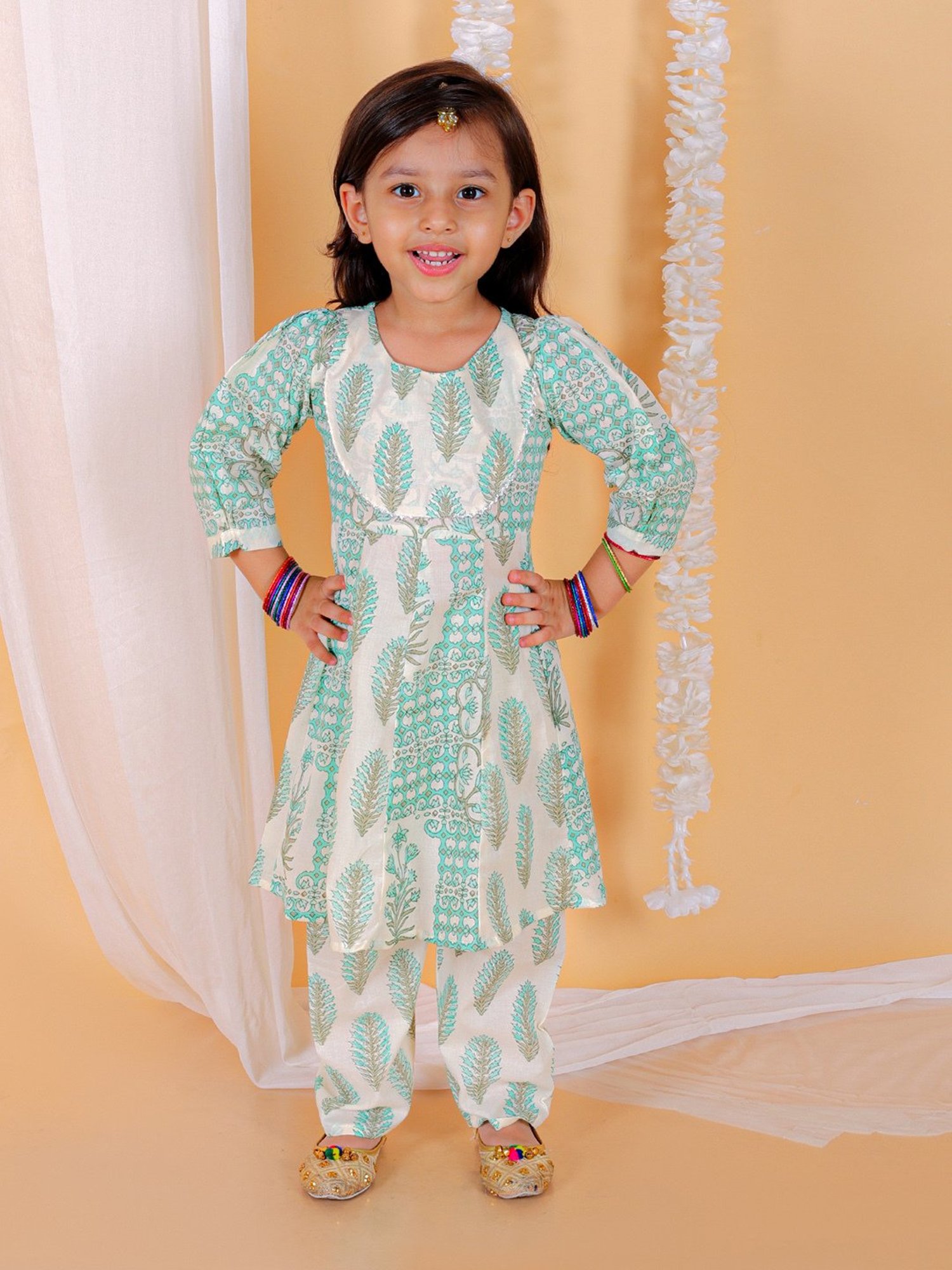 The Mom Store Kids Light Blue & White Floral Print Anarkali Kurta with Pants