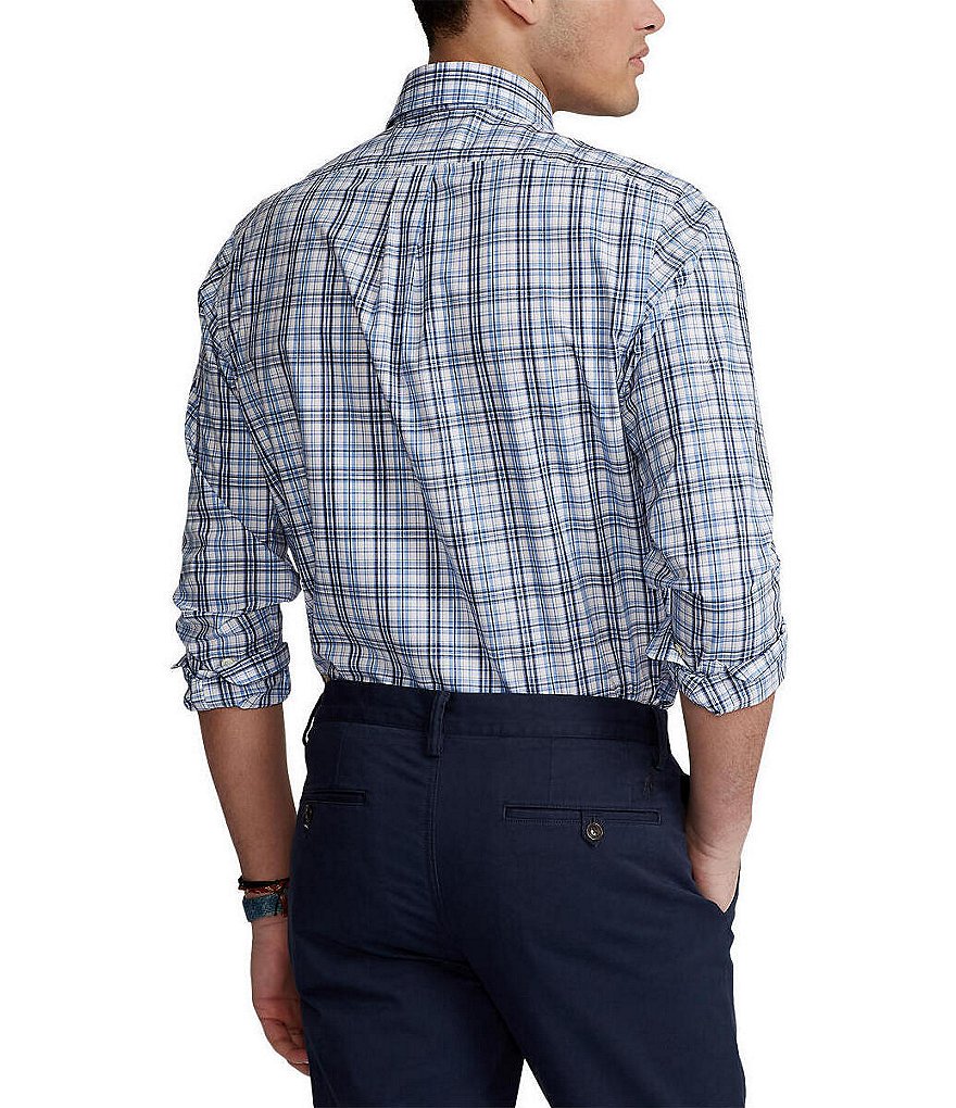 Polo Ralph Lauren Classic-Fit Blue Small Plaid Poplin Stretch Long-Sleeve Woven Shirt