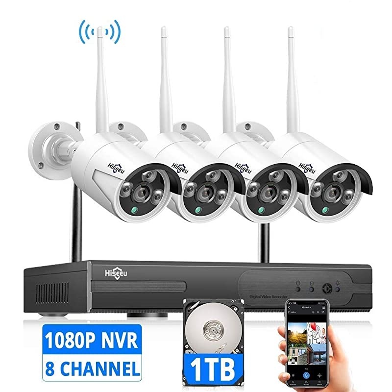 Expandable 8CH, 2K]  Wireless Security Camera System with 1TB Hard Drive with One-Way Audio, 8 Channel NVR 4Pcs 1296P 3.0MP Night Vision WiFi IP Security Surveillance Cameras Home Outdoor