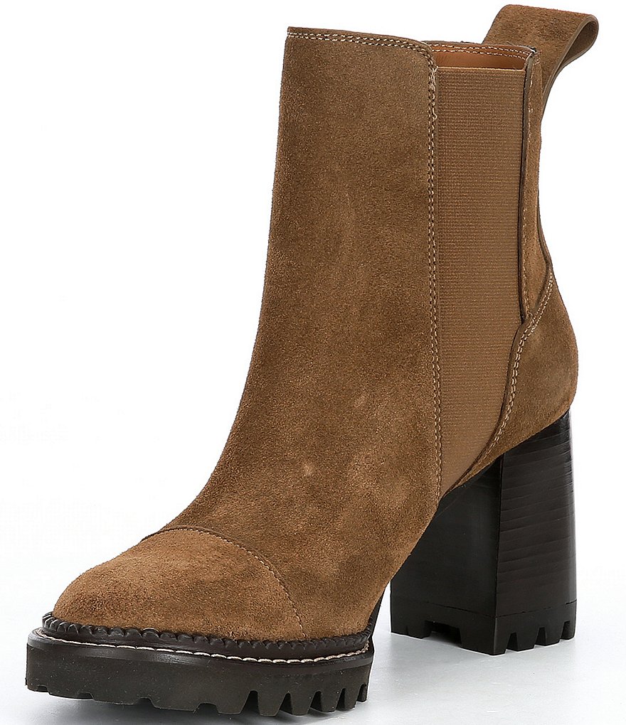See By Chloe Mallory Suede Block Heel Lug Sole Chelsea Booties