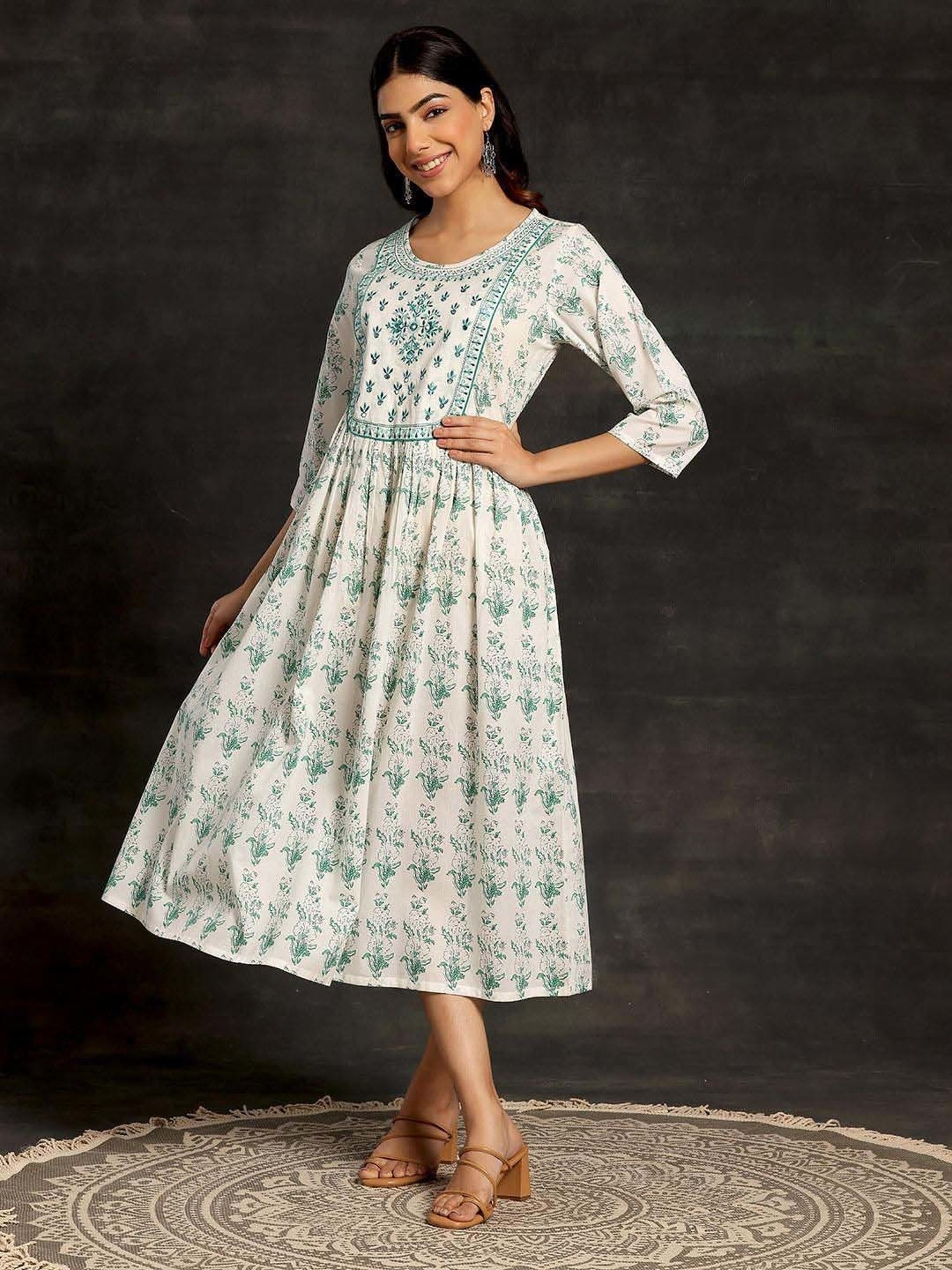 Saffron Threads Black Cotton Floral Print Ethnic Dress