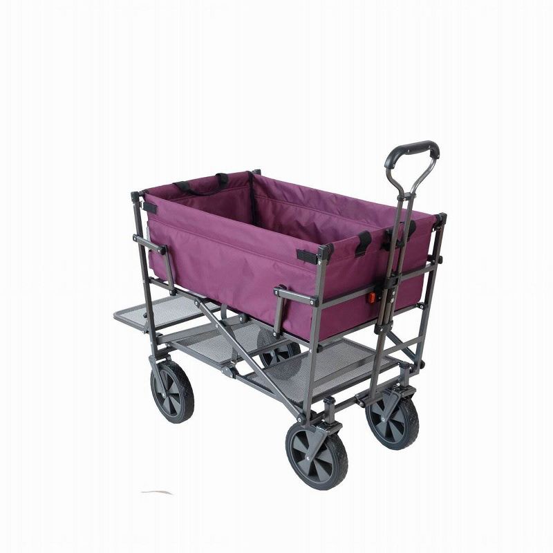 Mac Sports Double Decker Heavy Duty Steel Frame Collapsible Outdoor 150 Pound Capacity Yard Cart Utility Garden Wagon with Lower Storage Shelf, Purple