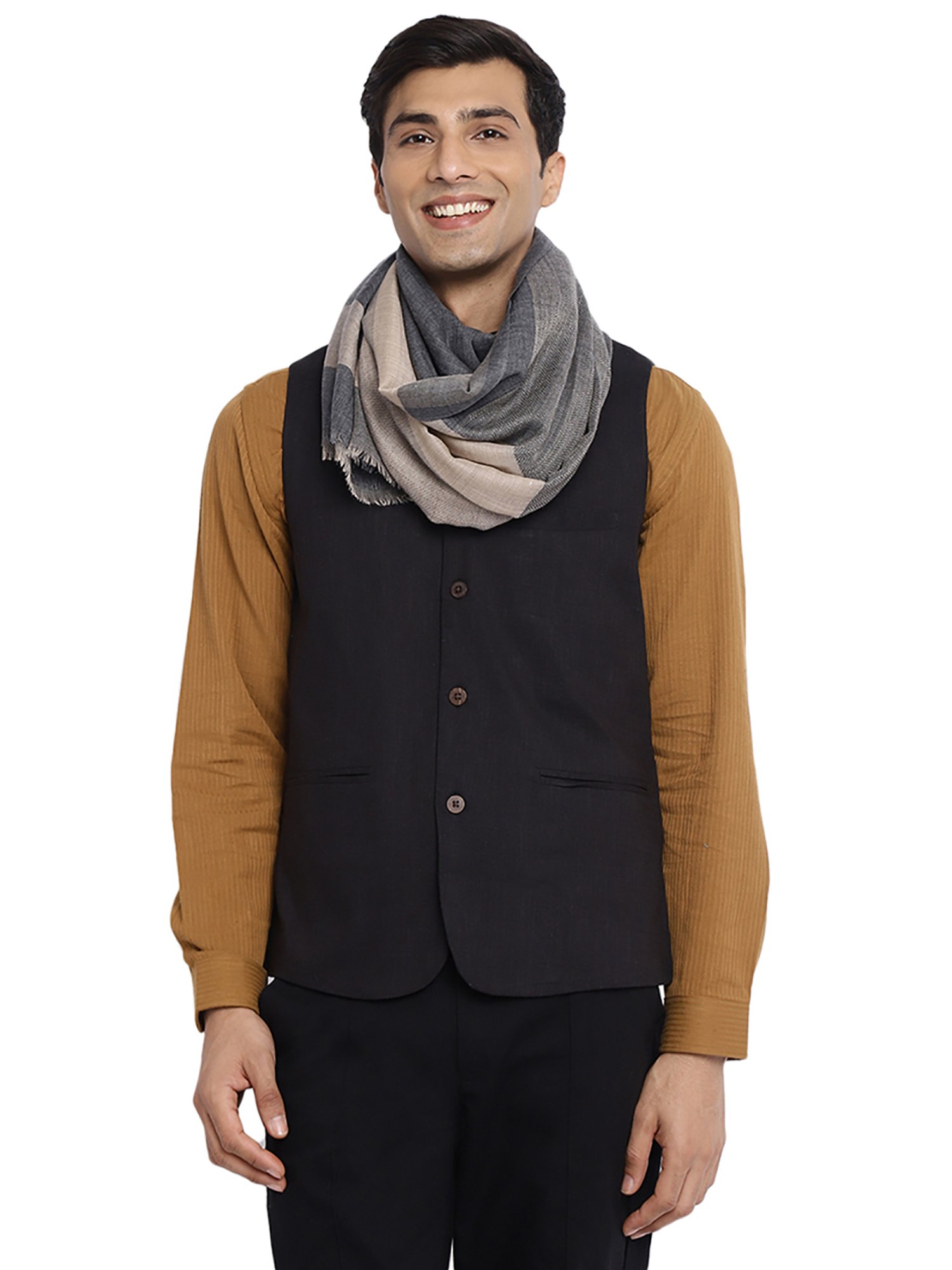 Fabindia Beige & Grey Colour-Block Stole