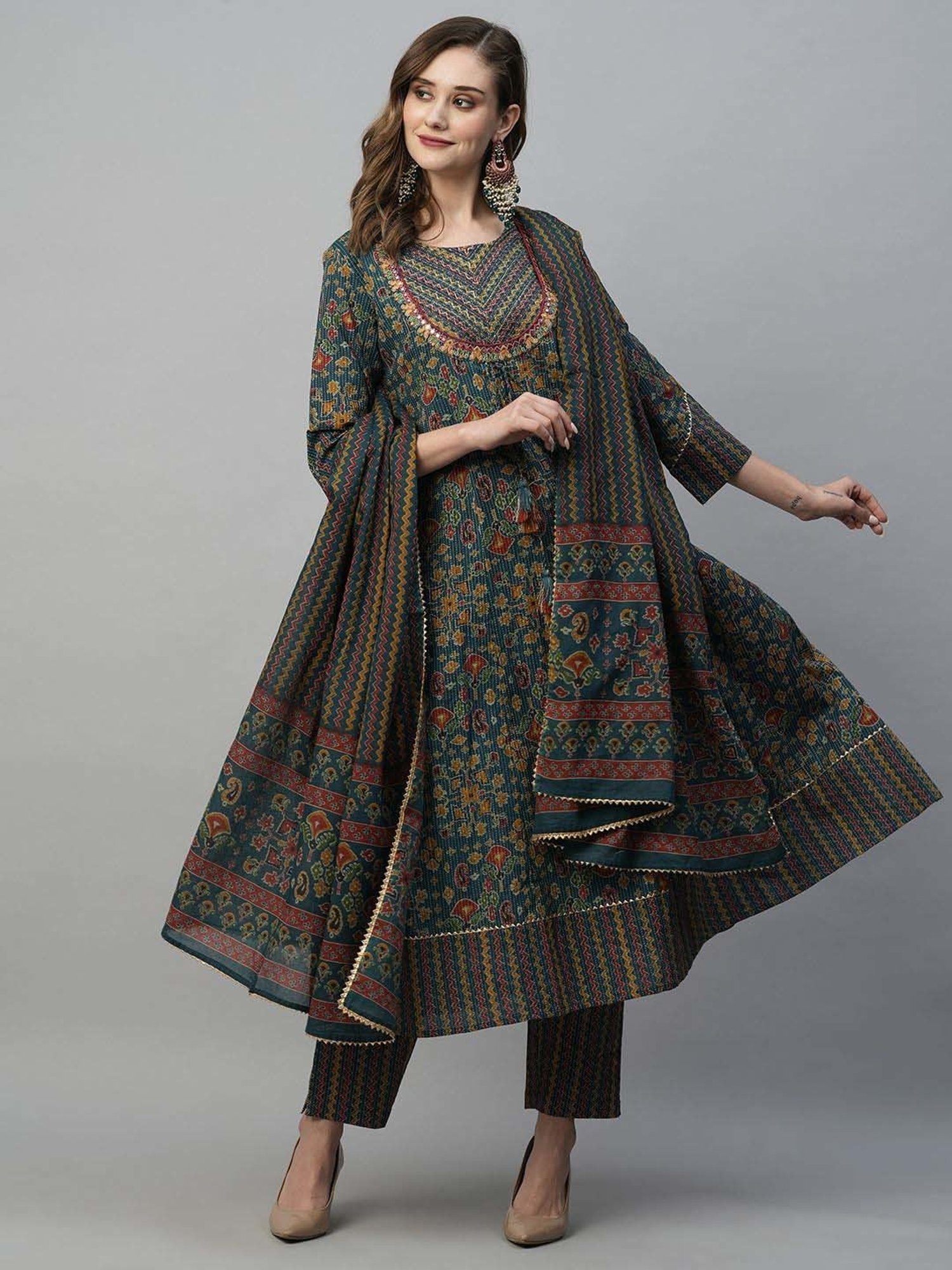 Heeposh Blue Cotton Printed Kurta Pant Set With Dupatta