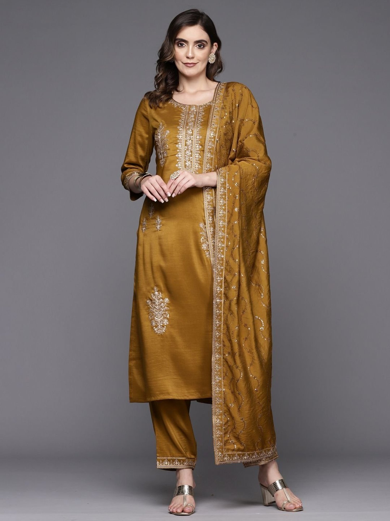 Indo Era Mustard Embroidered Kurta Pant Set With Dupatta