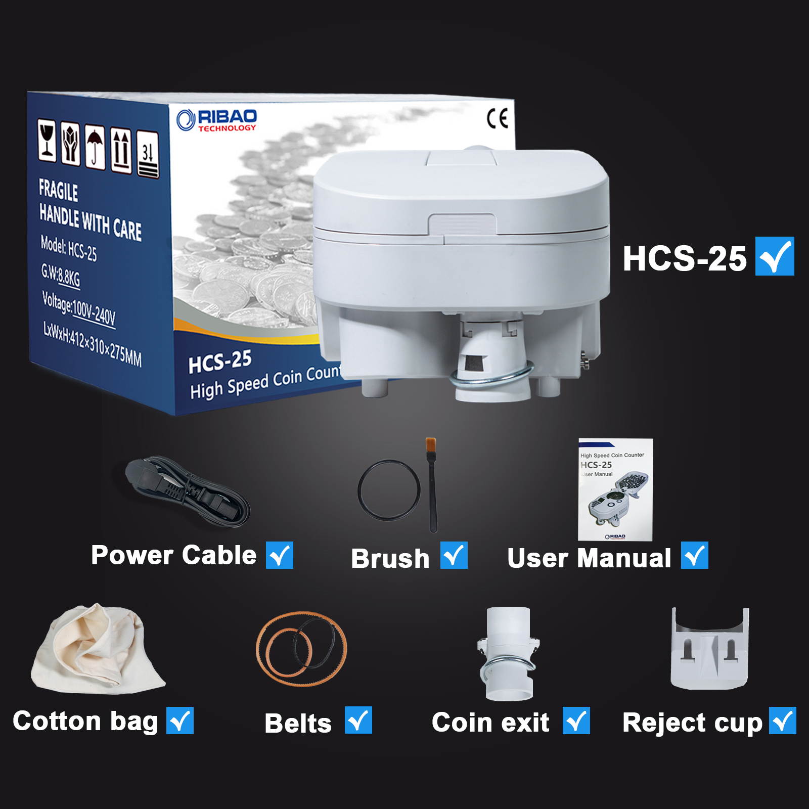 Ribao HCS-25 Portable Automatic Super Quality high Speed Heavy Duty Coin Counter and sorter Color Screen Two Years Warranty