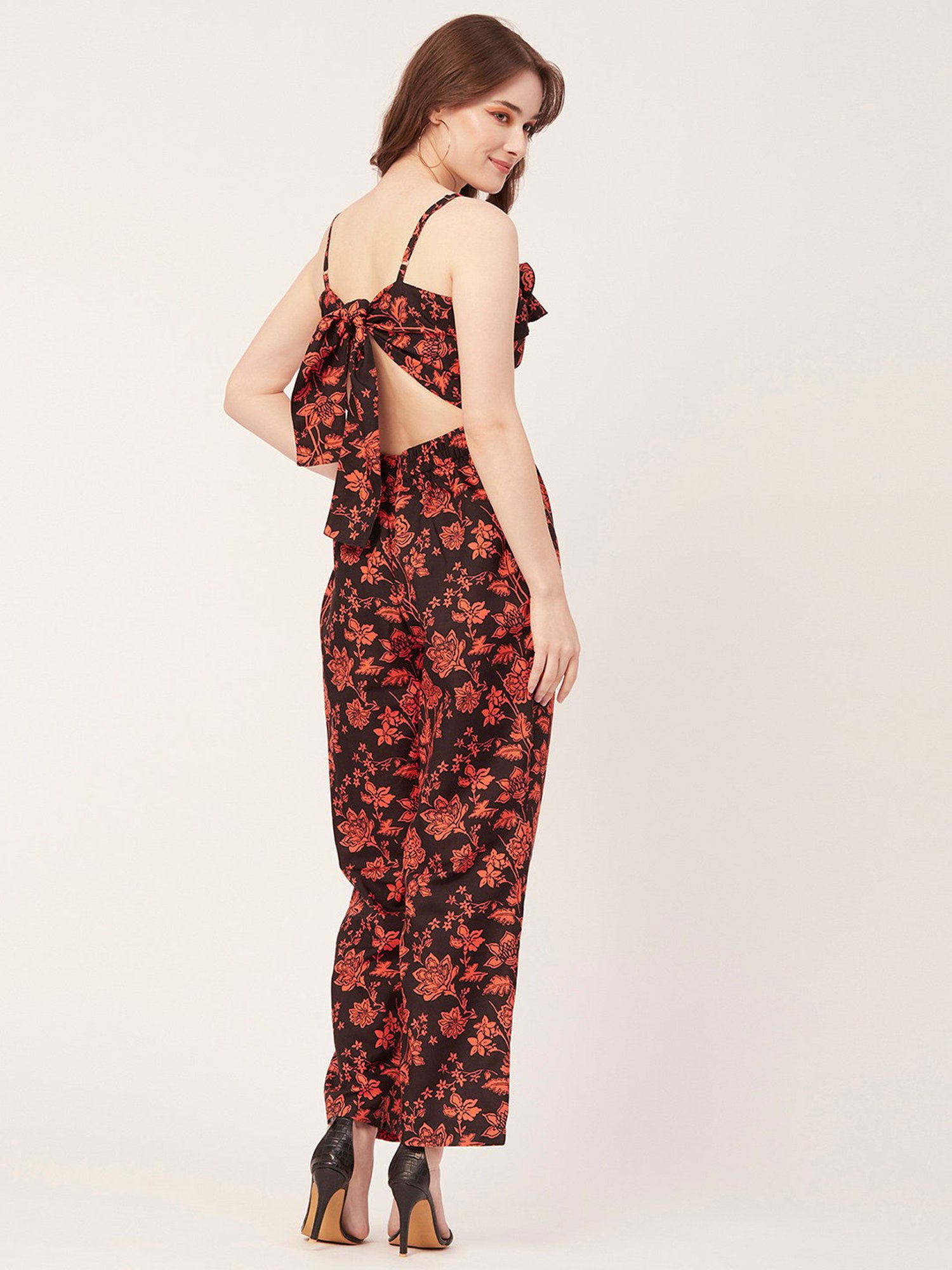 Moomaya Black & Orange Floral Print Jumpsuit