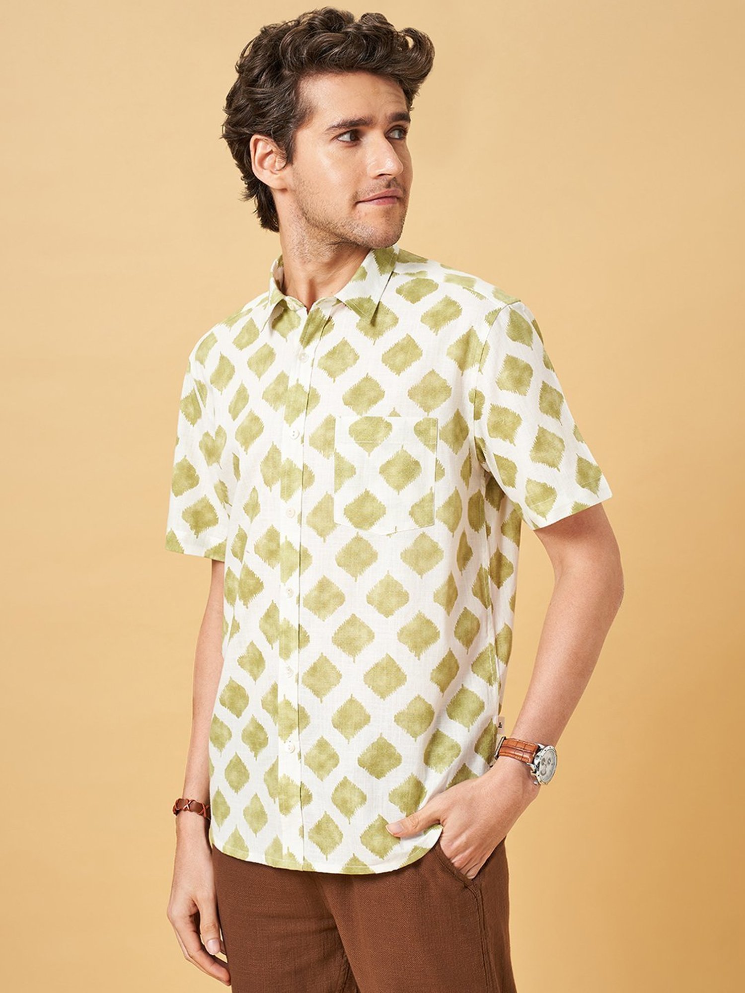Indus Route by Pantaloons Sage Green Regular Fit Printed Shirt