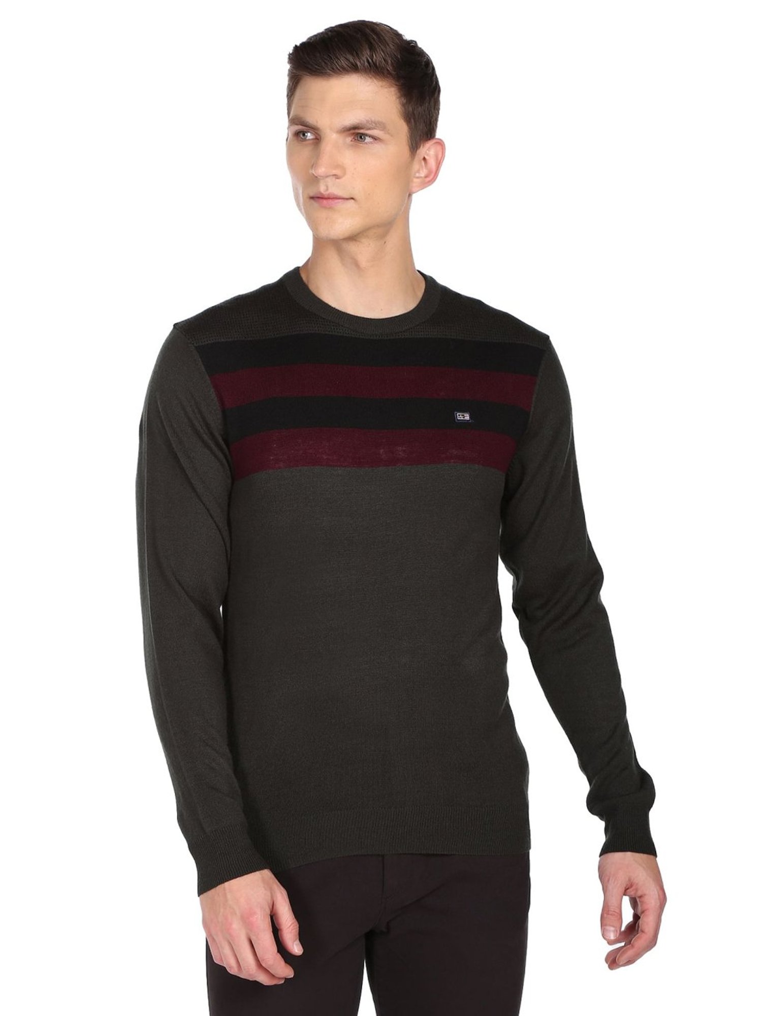 Arrow Sport Charcoal Regular Fit Striped Sweater