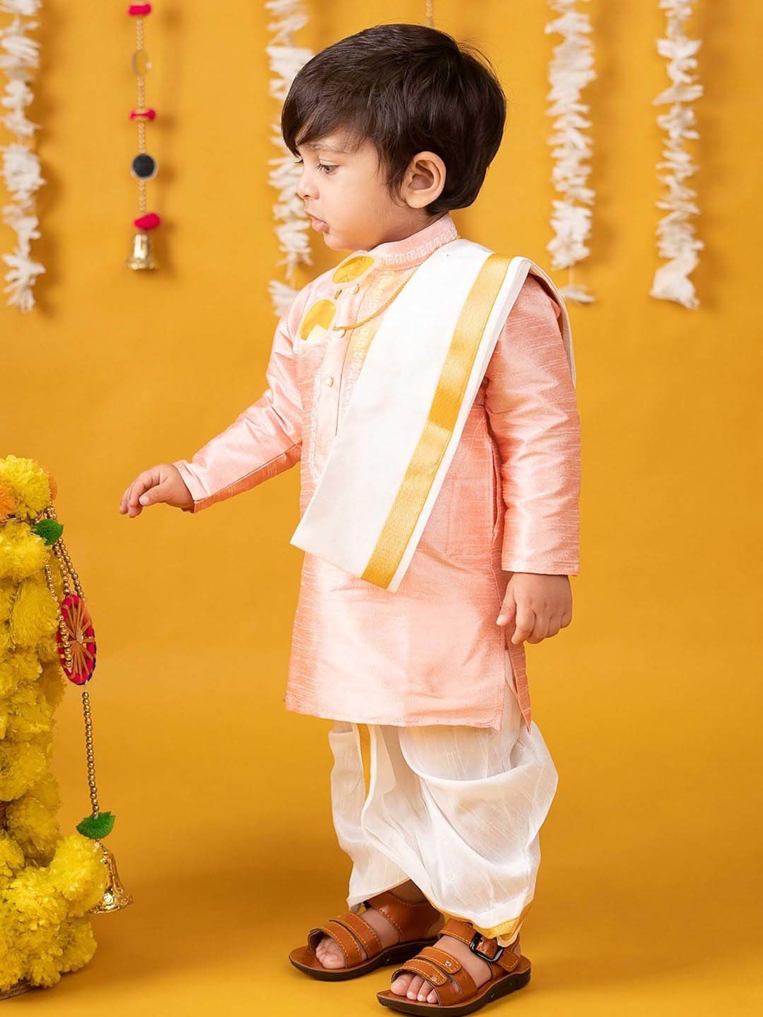 Baby Moo Kids Peach & White Regular Fit Full Sleeves Kurta Set