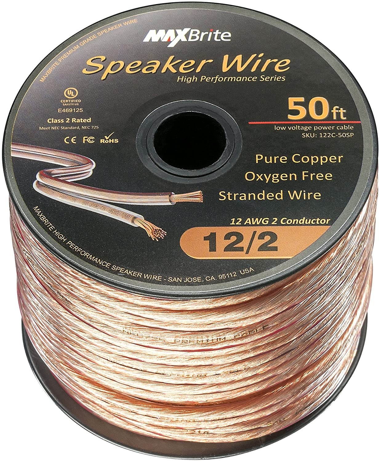 High Performance 12 Gauge Speaker Wire Oxygen Free Pure Copper - UL Listed Class 2 (50 Feet Spool)