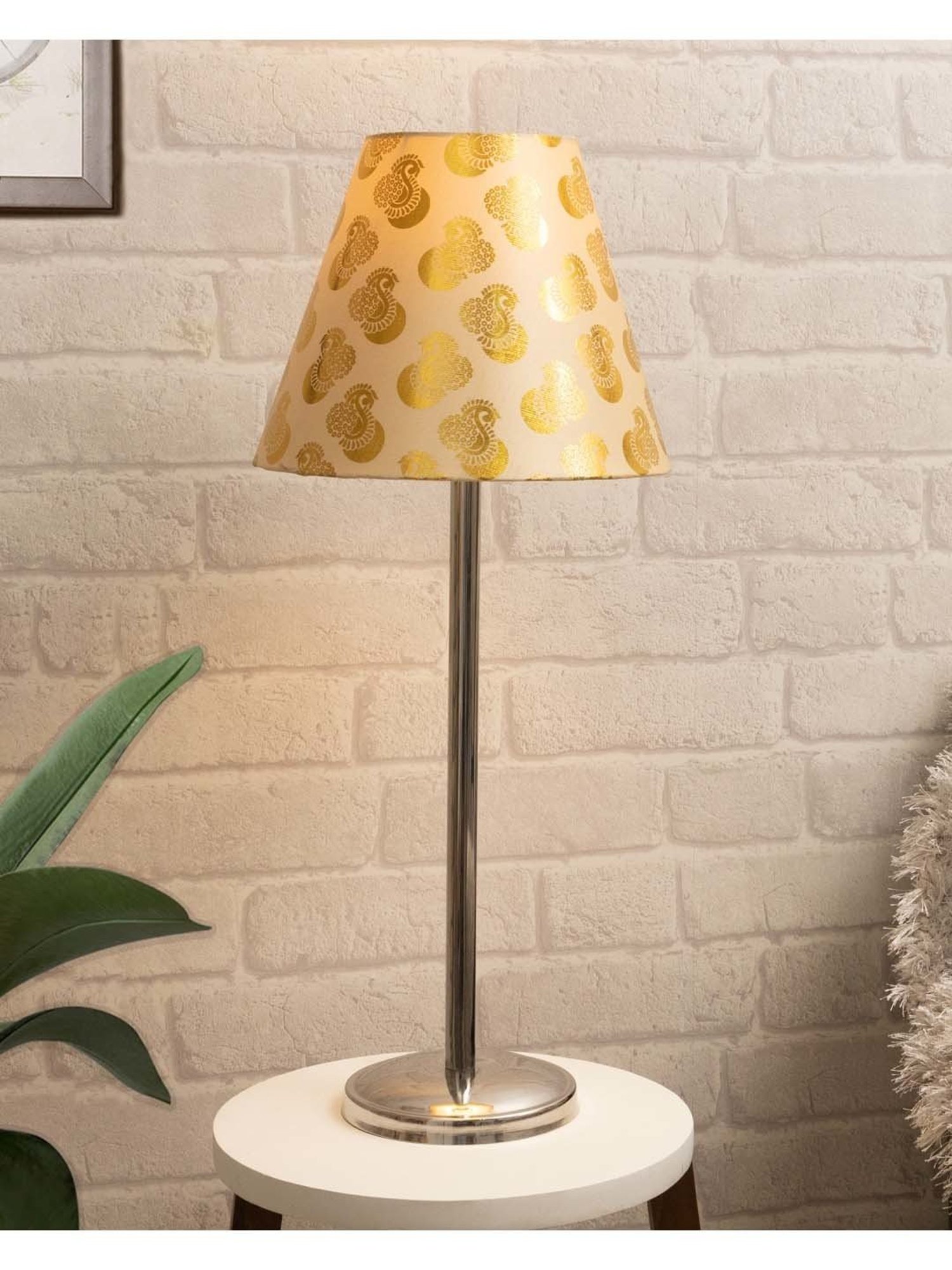 Homesake Chrome Suave Golden Steel Bedside Table Lamp With Fabric Shade - Set of 1