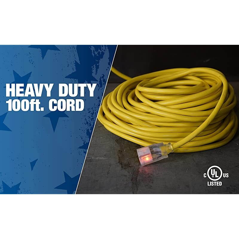 25890002 2589SW0002 Outdoor Cord123 American Made SJTW Heavy Duty 3 Prong Extension Cord Water Resistant Vinyl Jacket for Commercial Use and Major Appliances Foot Yellow 100 Feet