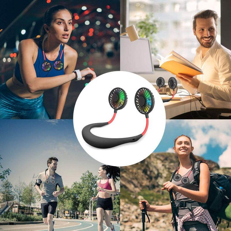 DONWELL Hands Free Neck Fan, Portable Mini Rechargeable LED Neckband Fan with Dual Wind Head and Aromatherapy for Sports, Travelling, Outdoor, Office - 3 Speeds, Battery Operated (Black)