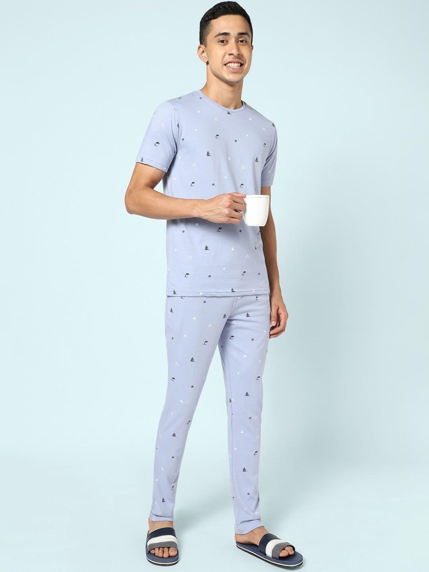 Ajile by Pantaloons Light Blue Cotton Slim Fit Printed Lounge Pants