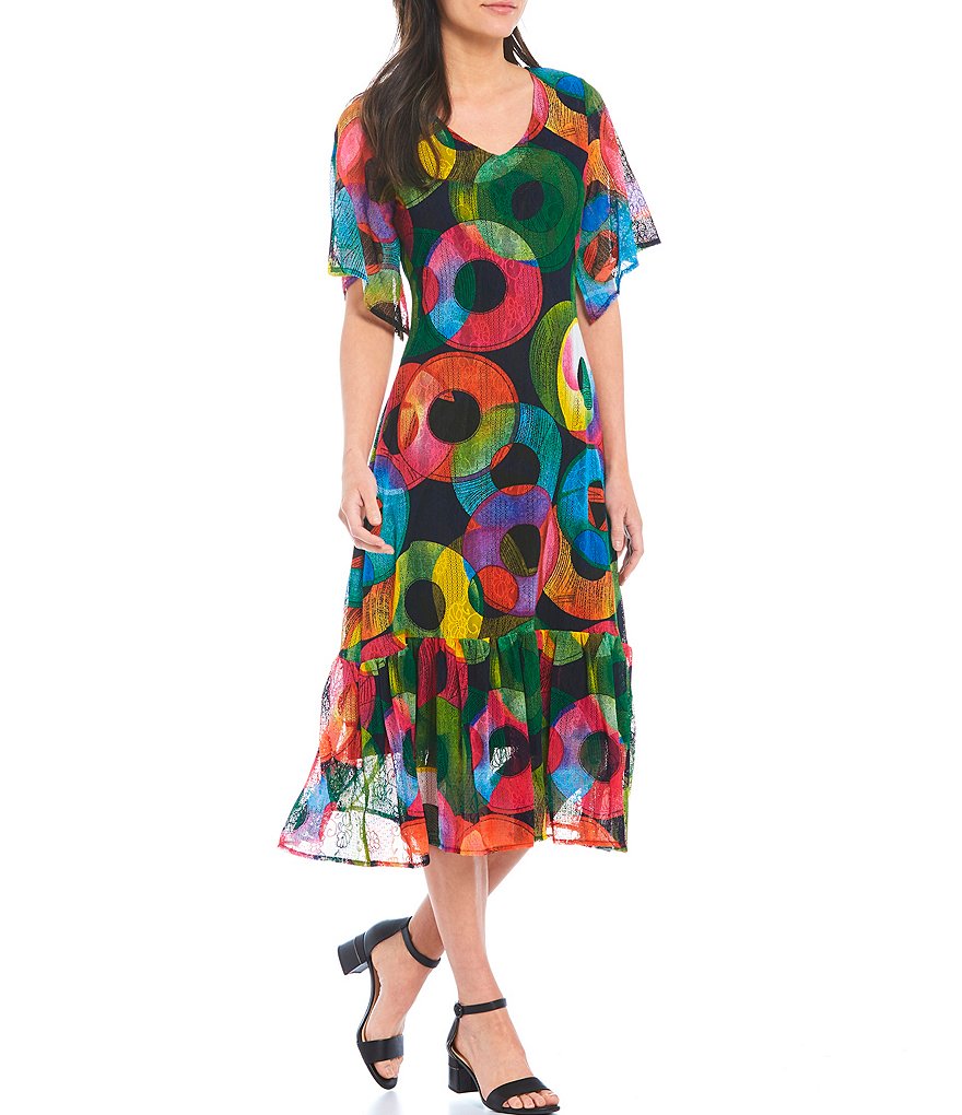 Calessa Abstract Multi Color Flutter Sleeve Mesh Dress