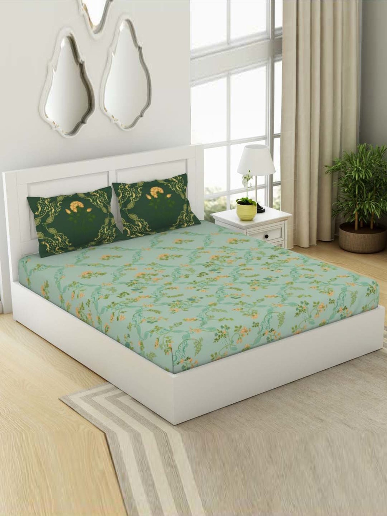 SPACES Lattice Bay Cotton 144 TC Large King Size Bedsheet With Pillow Covers