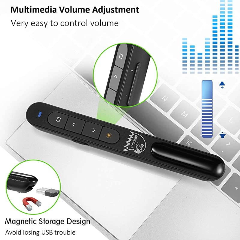 Powerpoint clicker with Laser Pointer Volume Control Wireless Presenter  Presentation Clicker Powerpoint Remote Control Slide Advancer 24GHz Black