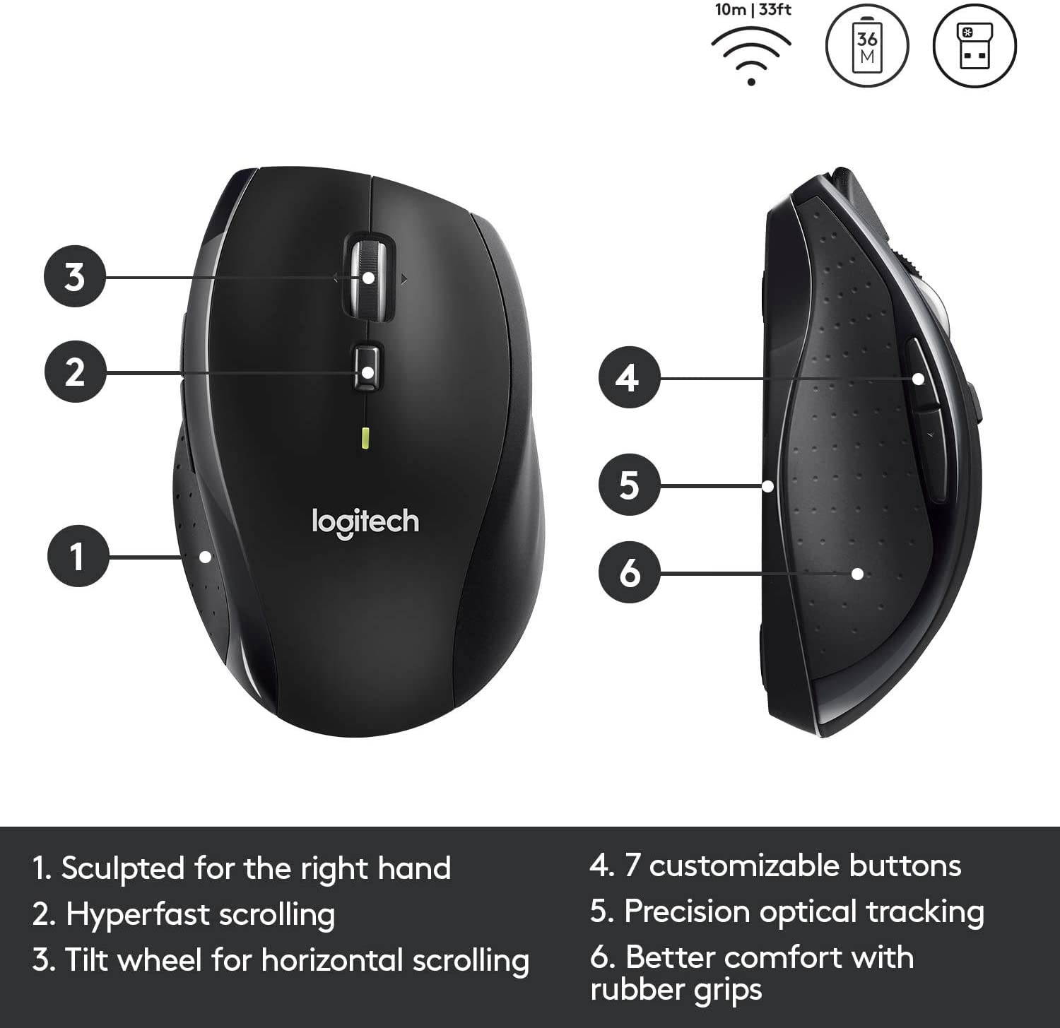 Logitech M705 Wireless Marathon Mouse for PC - Long 3 Year Battery Life, Ergonomic Shape with Hyper-Fast Scrolling and USB Unifying Receiver for Computer and Laptop - Black